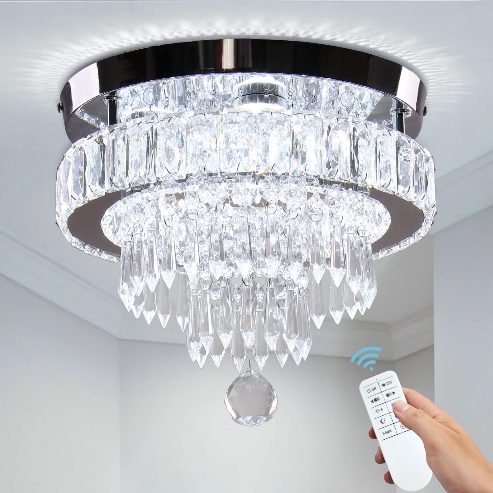 11.8" Crystal Chandelier LED Crystal Flush Mount Ceiling Light Modern Crystal Chandeliers for Bedrooms Dining Room Hallway (6500K Cool White) Without Remote Control