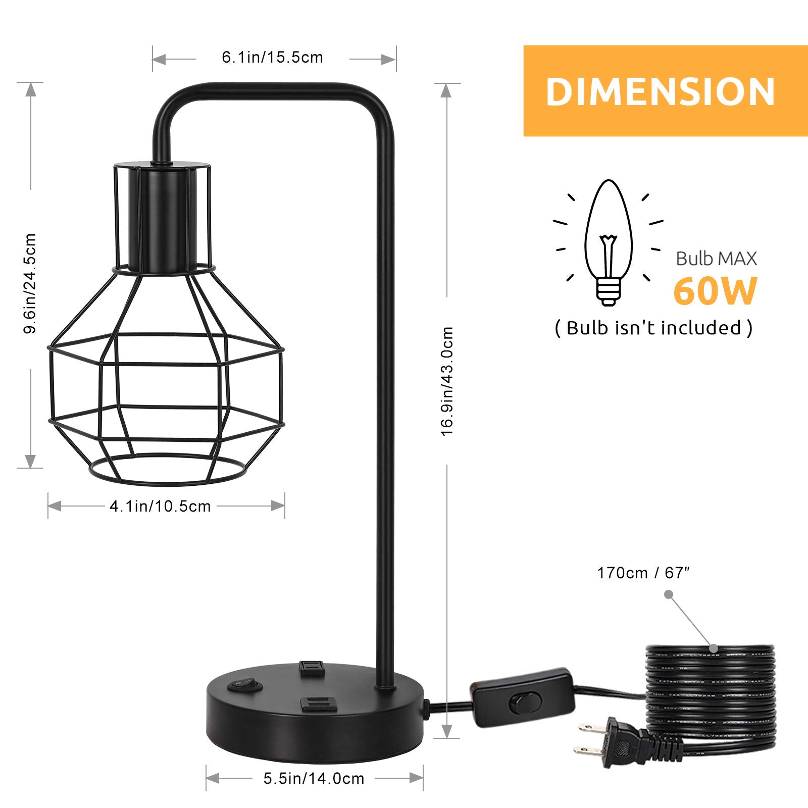 Modern Table Lamp with Outlet, Industrial Farmhouse Bedside Desk Lamp for Bedroom, Office, Living Room, Black (Without Bulb)