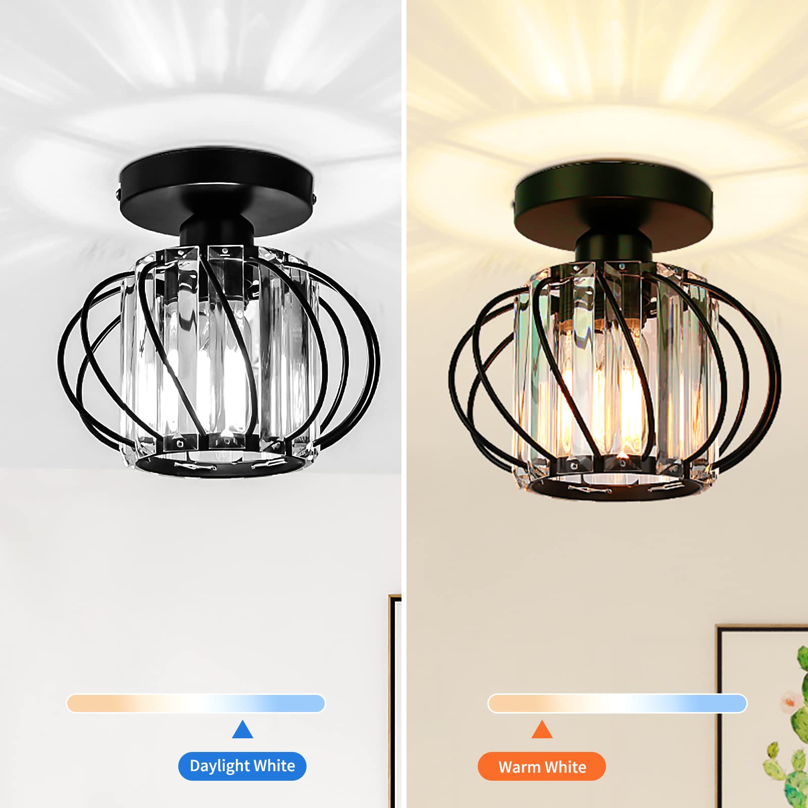 HOME Industrial Semi Flush Mount Ceiling Light Fixture Modern Mini Crystal Light Fixture E26 Small Chandelier for Hallway Porch Entryway Foyer Bathroom Black