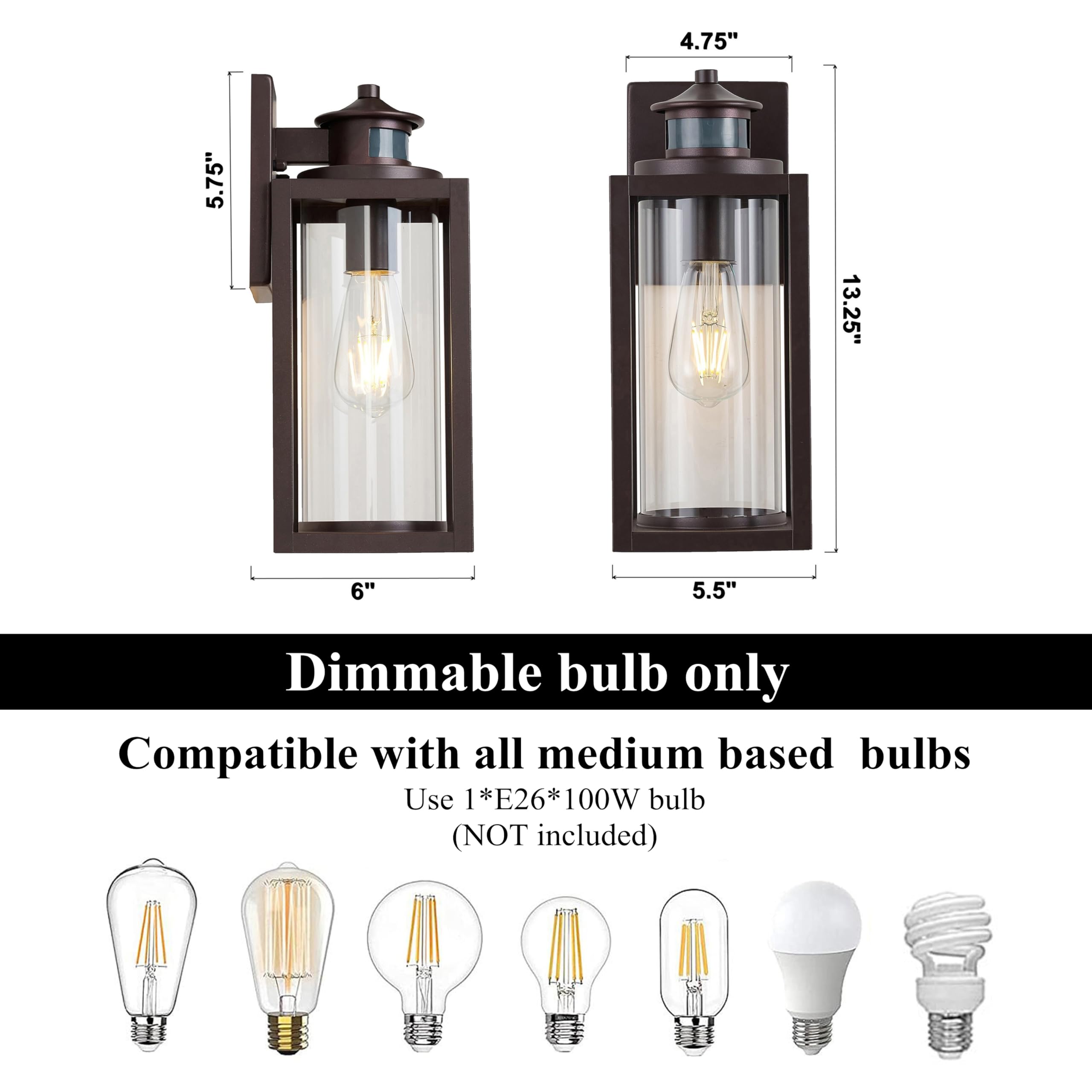 Outdoor Wall Sconce 2 Pack, 11 Inch Photocell Outdoor Wall Light with E26 Base Socket, Clear Glass Bronze Exterior Lights for House, Front Door, Porch