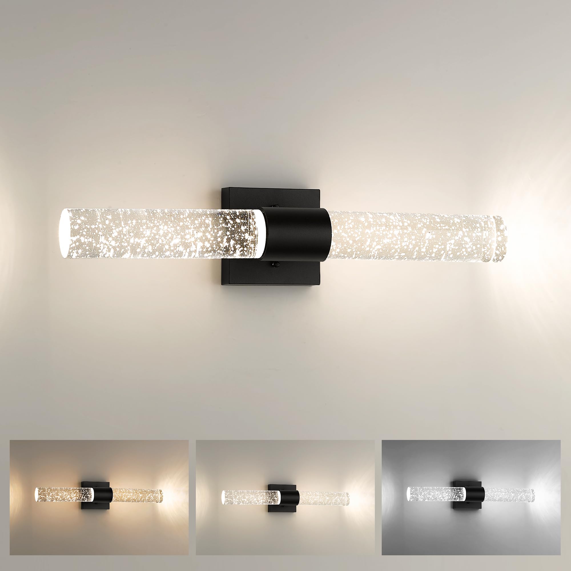 Bathroom Light Fixtures, HWH LED Vanity Lights Over Mirror 11W with Crystal Bubble Glass, Black Vanity Light Bar Indoor Wall Sconce Light, 3000K/4000K/5000K Dimmable, 5HW76B-LED BK