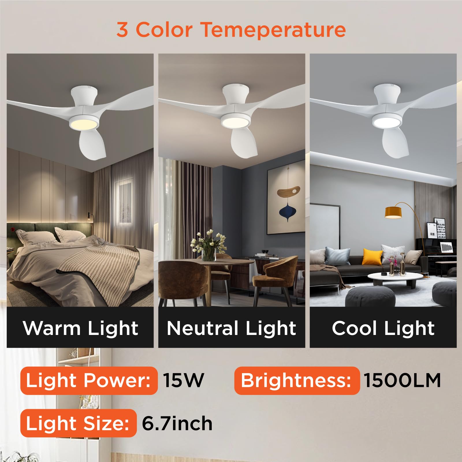 52 inch Ceiling Fans with Lights Remote Control, Modern Low Profile Ceiling Fan with Quiet Reversible DC Motor for Bedroom Living Room and Patio White