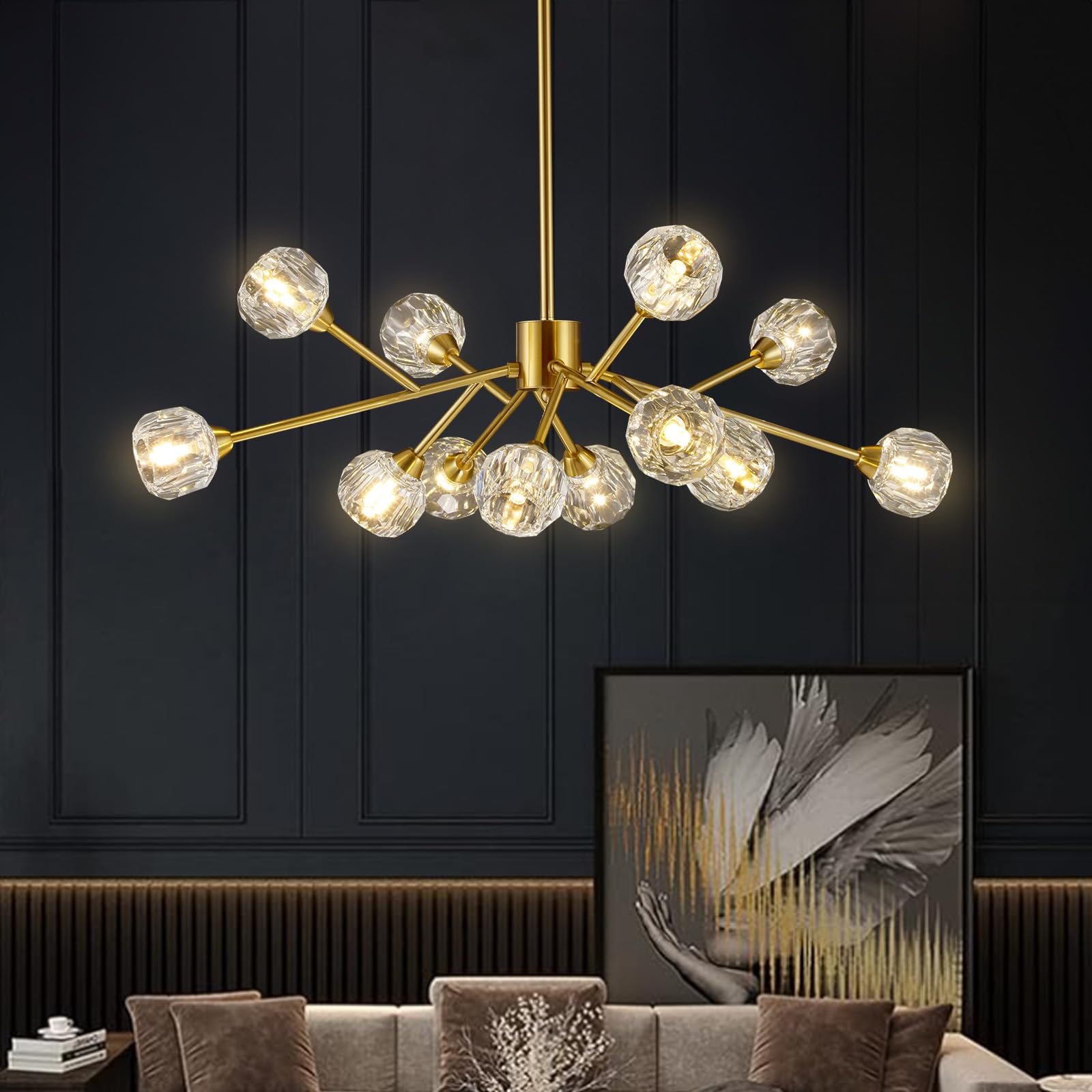 Sputnik Chandeliers for Dining Room Light Fixture, Modern Crystal Chandeliers, 9 Lights Gold Chandelier for Living Room Bedroom, Dining Room Chandelier Over Table, Kitchen Light Fixtures