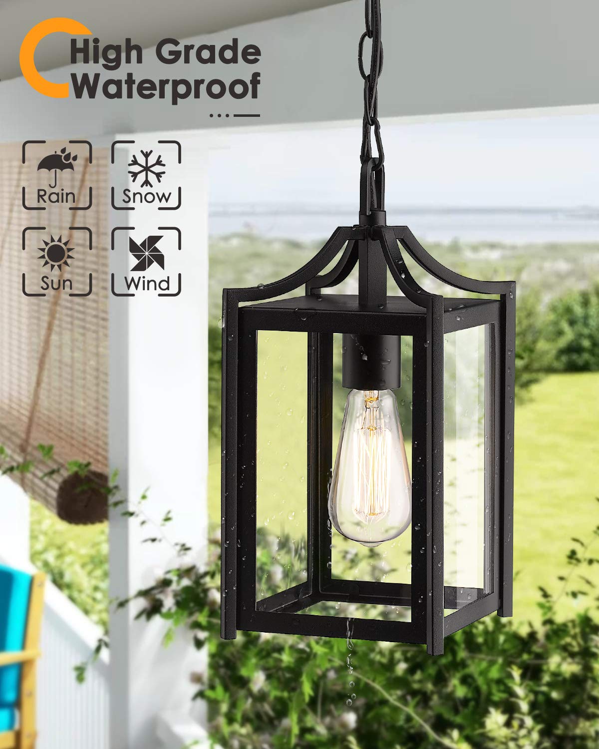 Outdoor Pendant Light, 14" Large Modern Outdoor Hanging Porch Light with Adjustable Chain, Exterior Outdoor Hanging Light in Black Finish and Clear Glass, 2439/1H