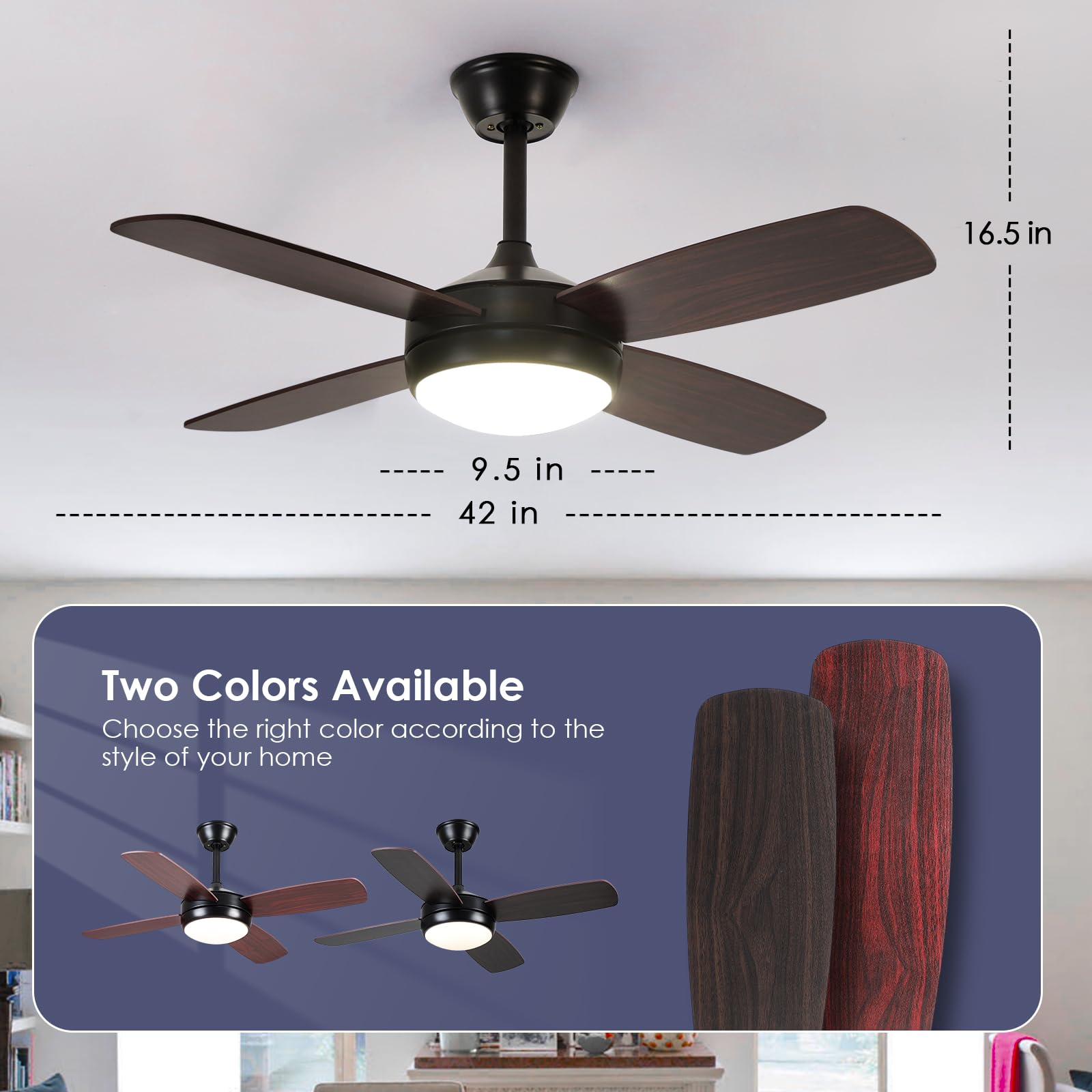 Ceiling Fans with Lights - 42" Black Outdoor Ceiling Fan with Light and Remote, Dimmable and Reversible Motor, Modern Low Profile Ceiling Fan Lights for Indoor Bedroom/Outdoor Covered Patio…