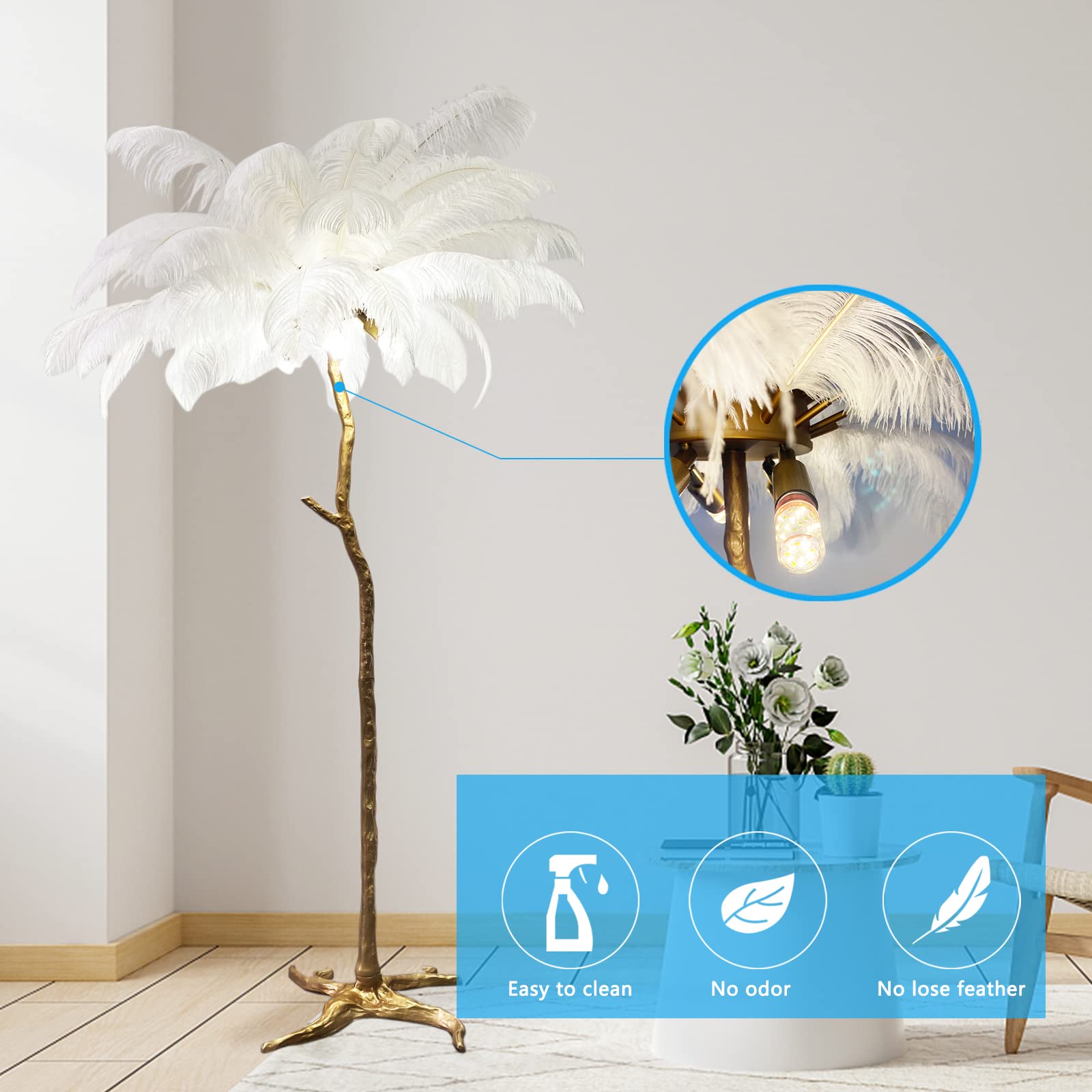 Floor Lamp White Natural Ostrich Unique Bedside Floor Lamps with Foot Switch Modern Gold Luxury LED Bulbs Resin Standing Light for Bedrooms Dining Room Living Room Kitchen 35 Pieces