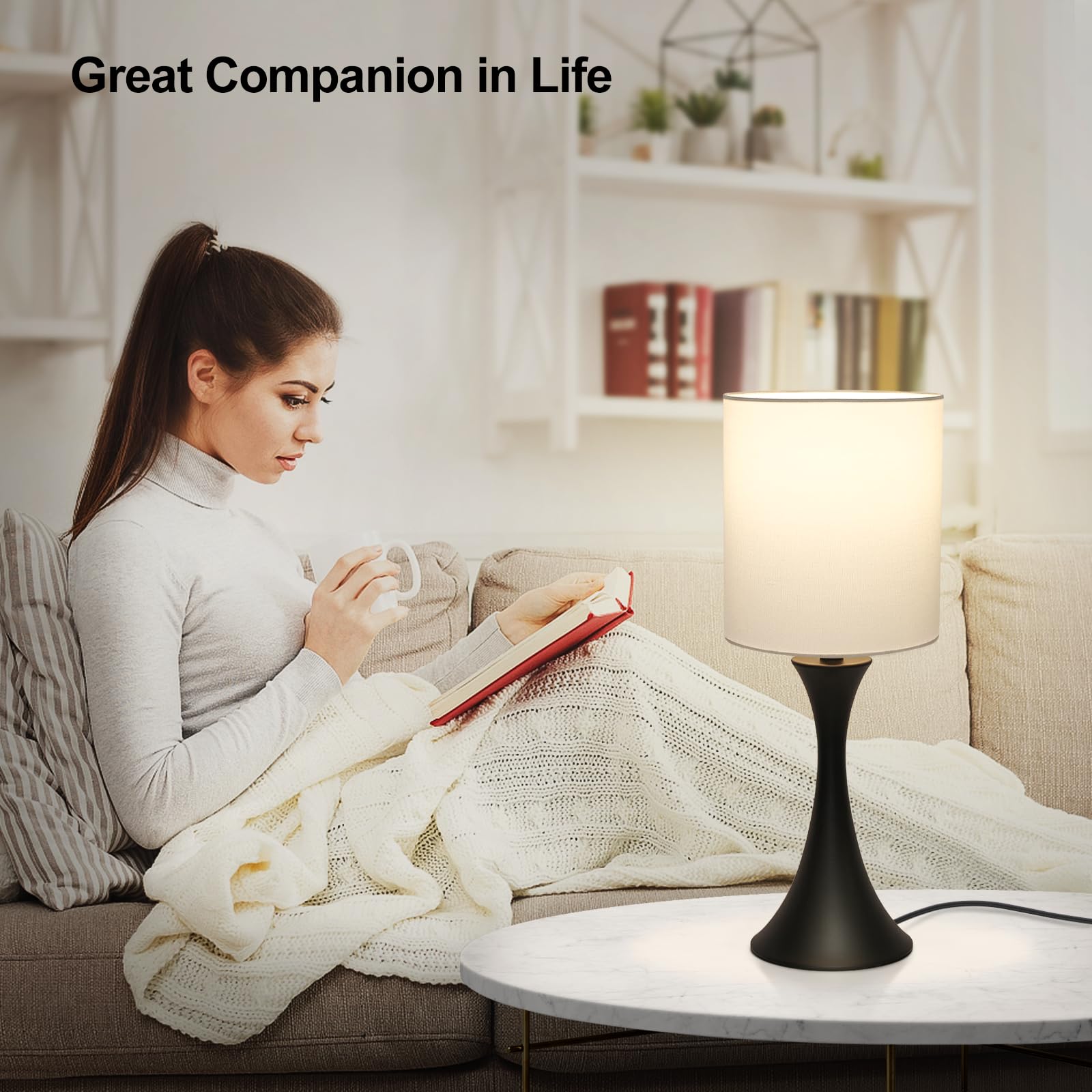 3 Way Touch Control Table Lamp, Dimmable Bedside Desk Lamp with Metal Base Modern Nightstand Lamp Stylish Grey Shade Simple Side Table Lamp for Bedroom, Living Room, Office or Den LED Bulb Included