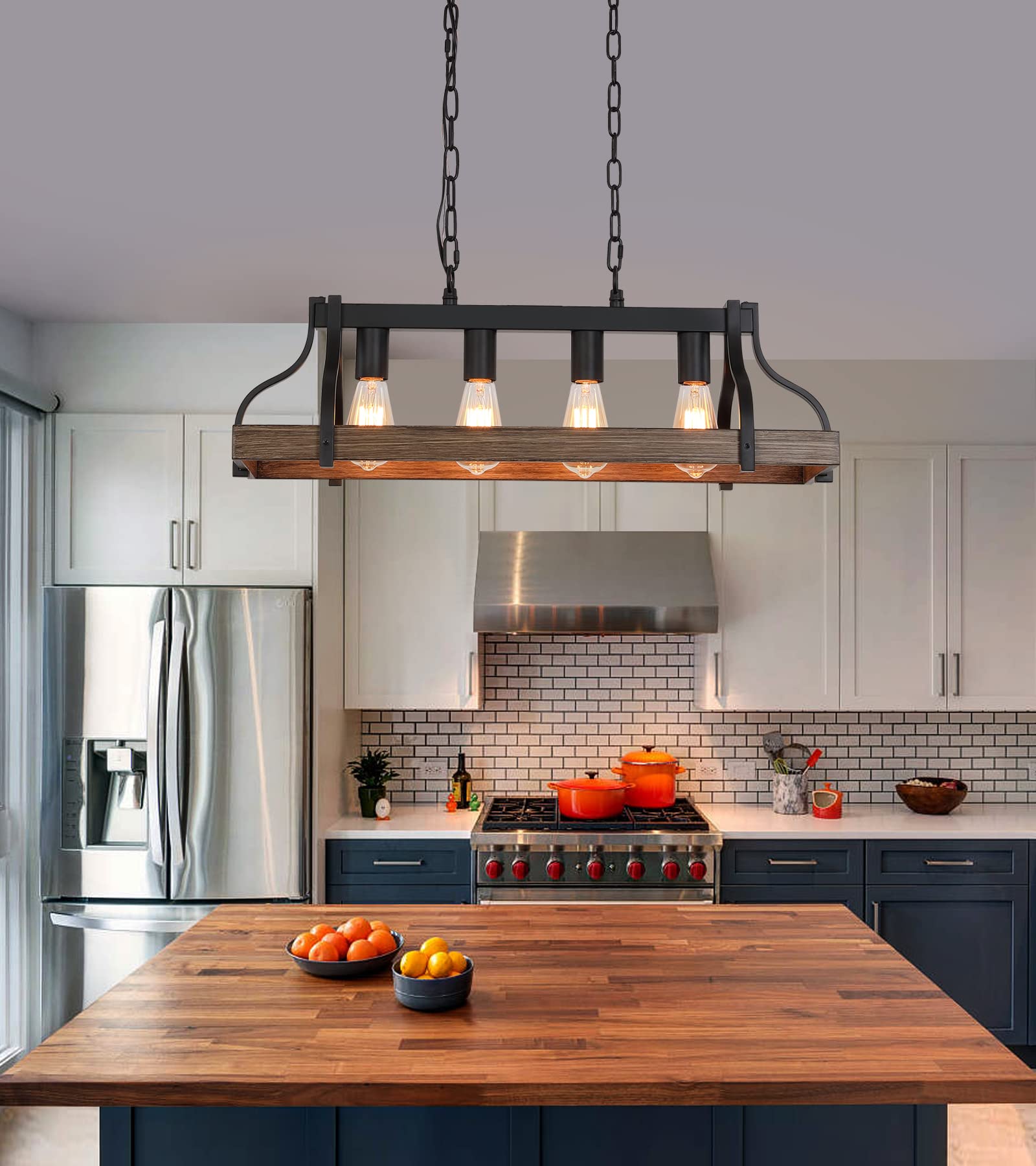 Rustic Kitchen Island Dining Room Light Fixture Farmhouse Linear Chandelier Black and Retro Wood Finish 5-Light Industrial Metal Hanging Pendant Light UL Listed L33.5 W10.6