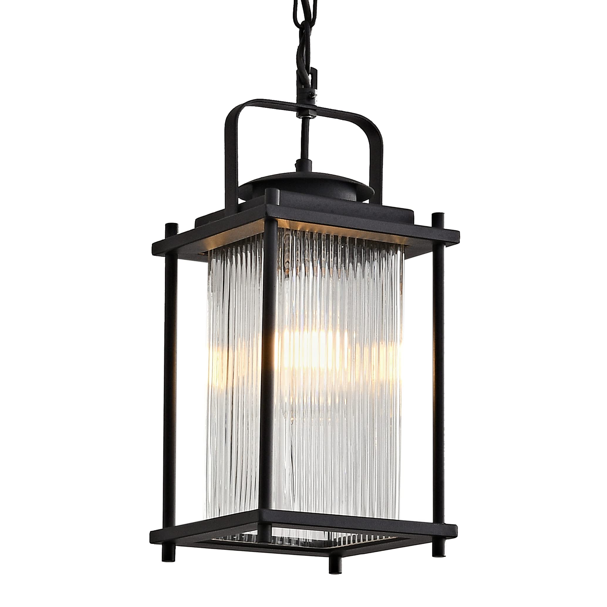 Outdoor Hanging Porch Light Waterproof Black and Gold Outdoor Pendant Lights Outdoor Chandelier with Striped Glass for Porch Entryway and Front Door.