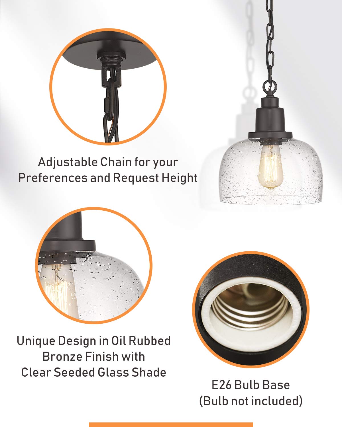 EAPUDUN 3-Light Kitchen Island Light, 35.4" Farmhouse Chandelier for Dining Room Pool Table Pendant Light, Oil Rubbed Bronze with Seeded Bubble Glass, PDA1125-ORB