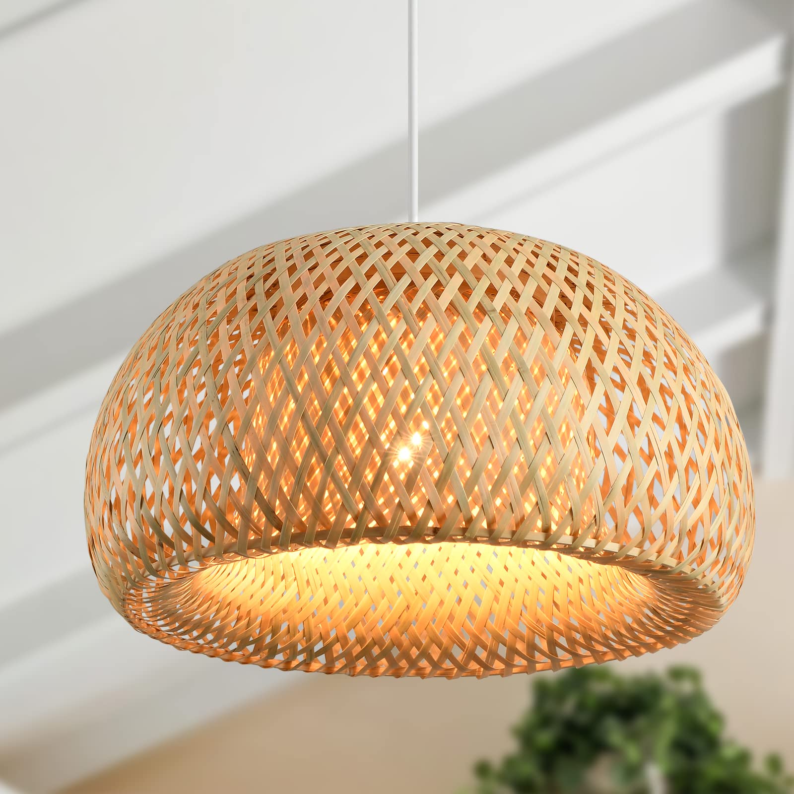 Boho Bamboo Pendant Light, 23.64in Bohemian Hand-Woven Rattan Chandelier Coastal Wicker Lighting Fixtures Hanging Lamp for Kitchen Island Dining Living Room Restaurants Bedroom