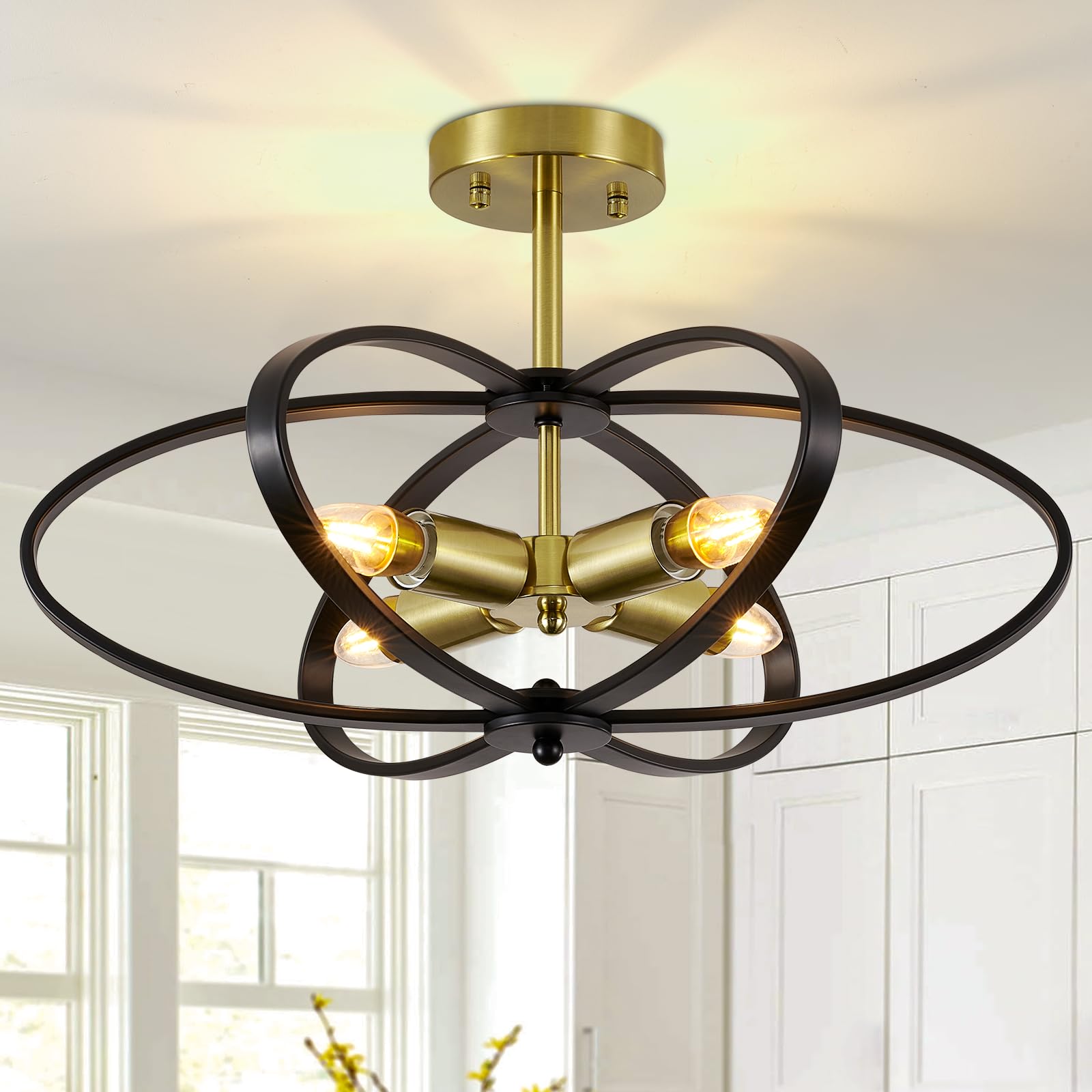 Semi Flush Mount Ceiling Light Chandelier,4-Light Ceiling Lighting Fixture,20" Farmhouse Style Flower Shape Hanging Light Fixtures Ceiling,Black(Bulbs NOT Included)