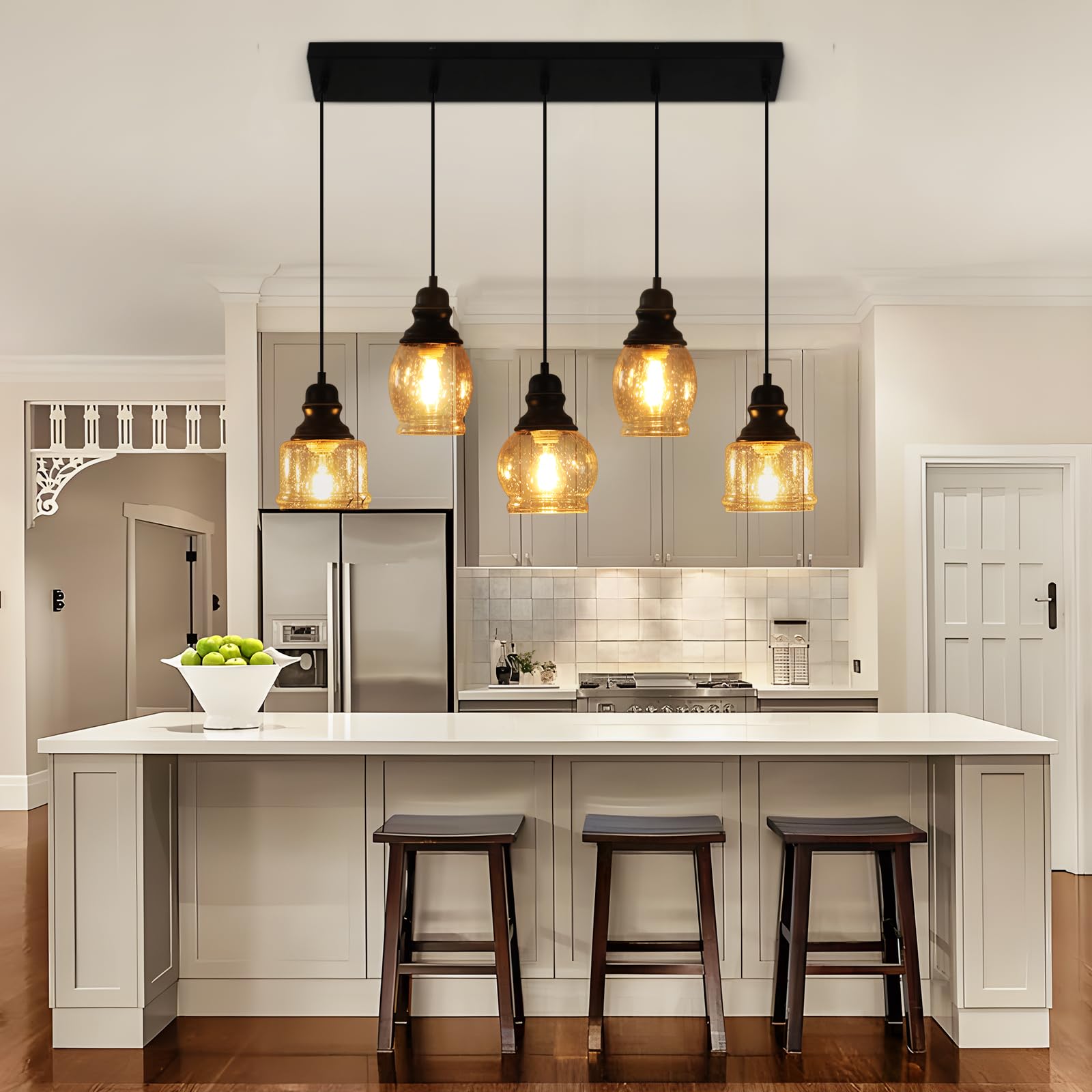 WILON Industrial Pendant Lighting, Pendant Lights for Kitchen Island 3 Light Glass Pendant Light Fixture with Seeded Glass Shade, Adjustable Cord Farmhouse Ceiling Light Black finish Linear Chandelier