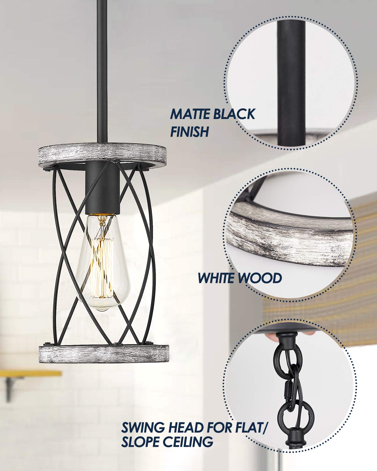 Pendant Light Fixtures, Farmhouse Wood and Glass Pendant Lighting for Kitchen Island, Rustic Length Adjustable MD89437