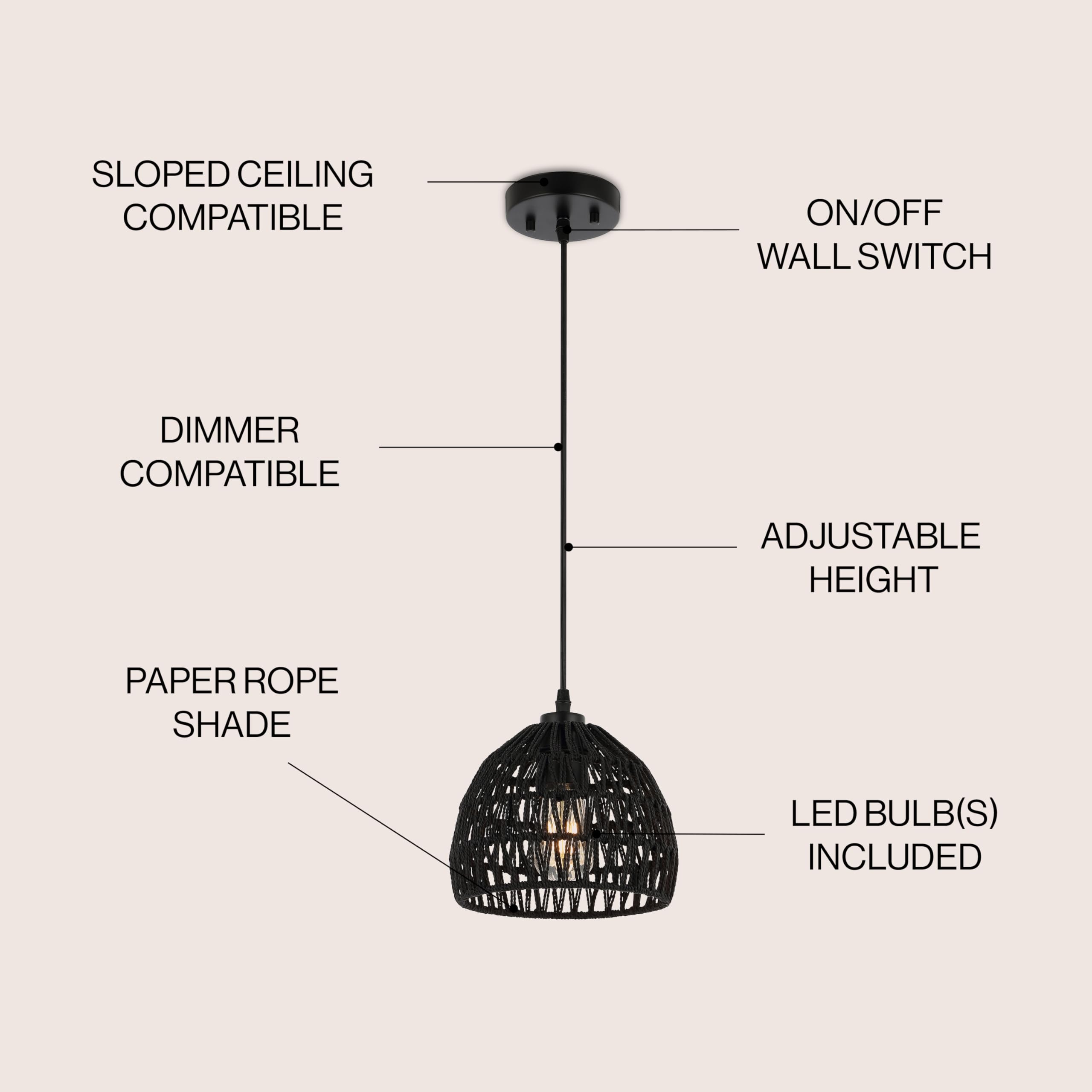 20" 1-Light Bohemian Modern Woven Rattan/Iron LED Pendant Farmhouse Coastal Adjustable Dining Room Living Room Kitchen Island Foyer Bedroom Hallway, Black