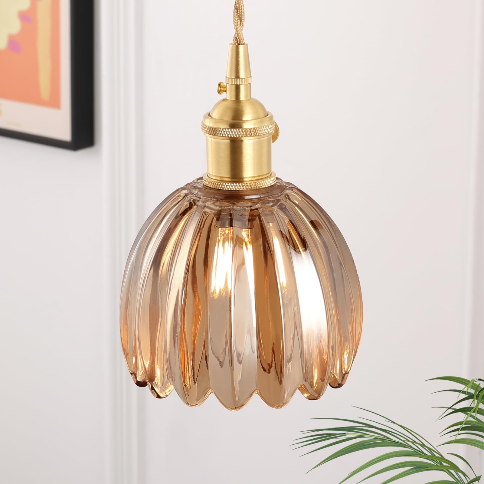 Pendant Light with White Pleated Ceramic Lmapshade, Brass Vintage Pendant Light Adjustable Hanging Light for Kitchen Island Dining Room Hallway 7.87 Inch Diam