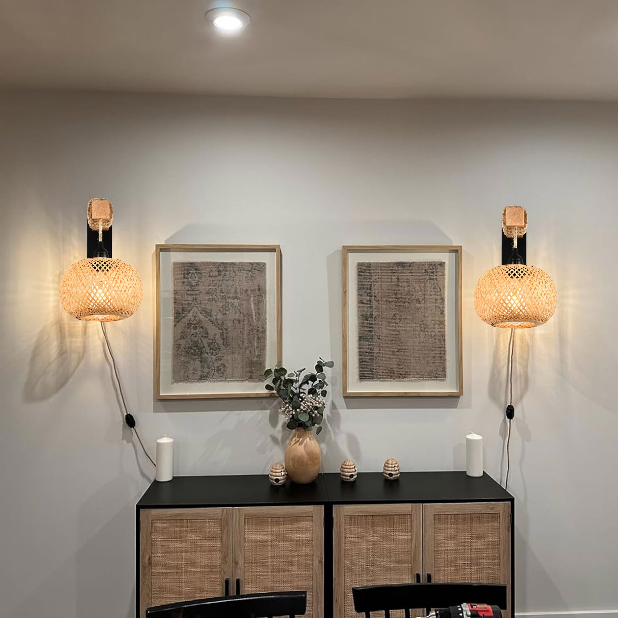 Rattan Wall Sconces Set of Two Plug in,Farmhouse Plug in Wall Sconces Hand Woven Bamboo Wall Light Fixtures with Switch,Rustic Black Wall Sconce Light Wall Lamp Plug in Sconces for Living Room Bedroom