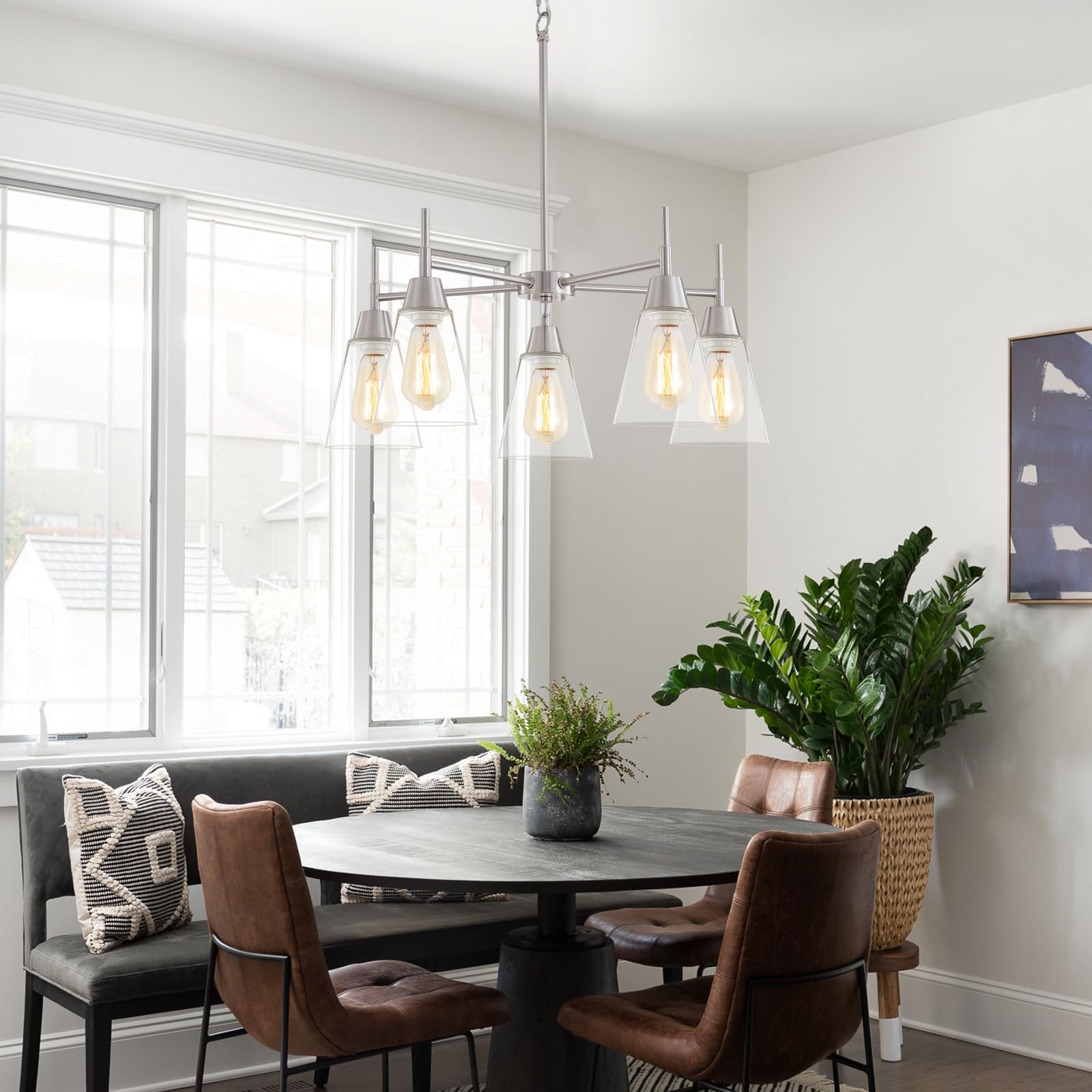 5-Light Gold Chandeliers for Dining Room,Modern Brass Chandelier Kitchen Island Light Fixtures Over Table,Pendant Ceiling Hanging Lighting with Clear Glass Shade for Entryway Foyer Hallway