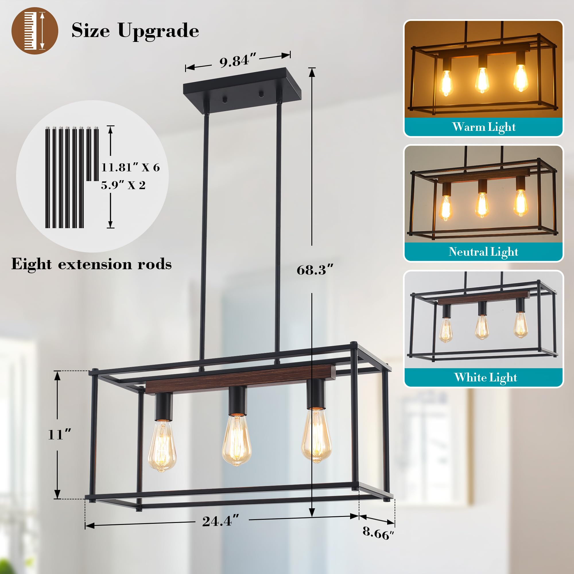 41" Black Chandeliers Rectangle Kitchen Island Lighting, Modern Pendant Lights Kitchen Island, 6 Light Farmhouse Chandeliers for Dining Room with Adjustable Height