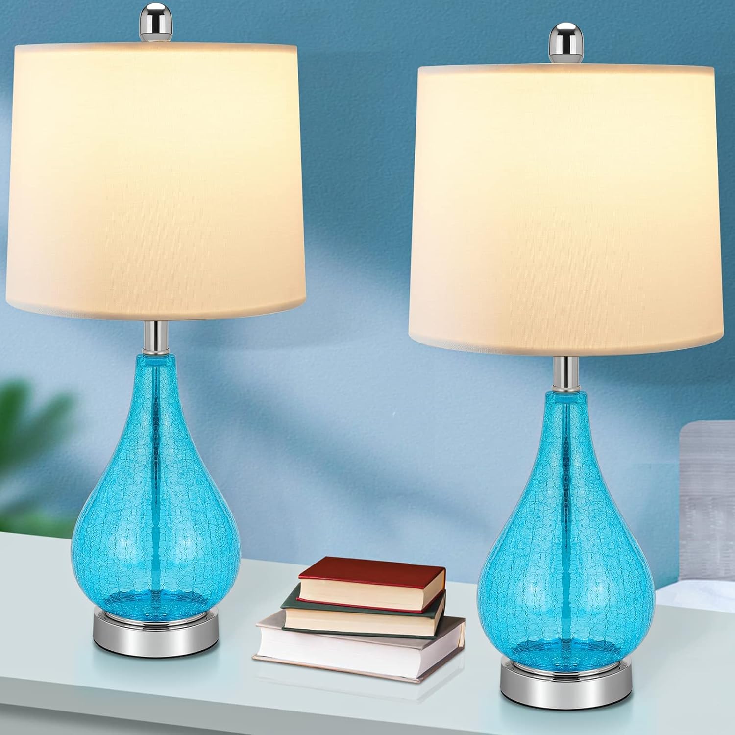 Glass Table Lamps Set of 2, Modern 23.5” Blue Cracked Glass Bedside Lamps, for Bedroom Living Room Home Office Desk Nightstand Table Lamp