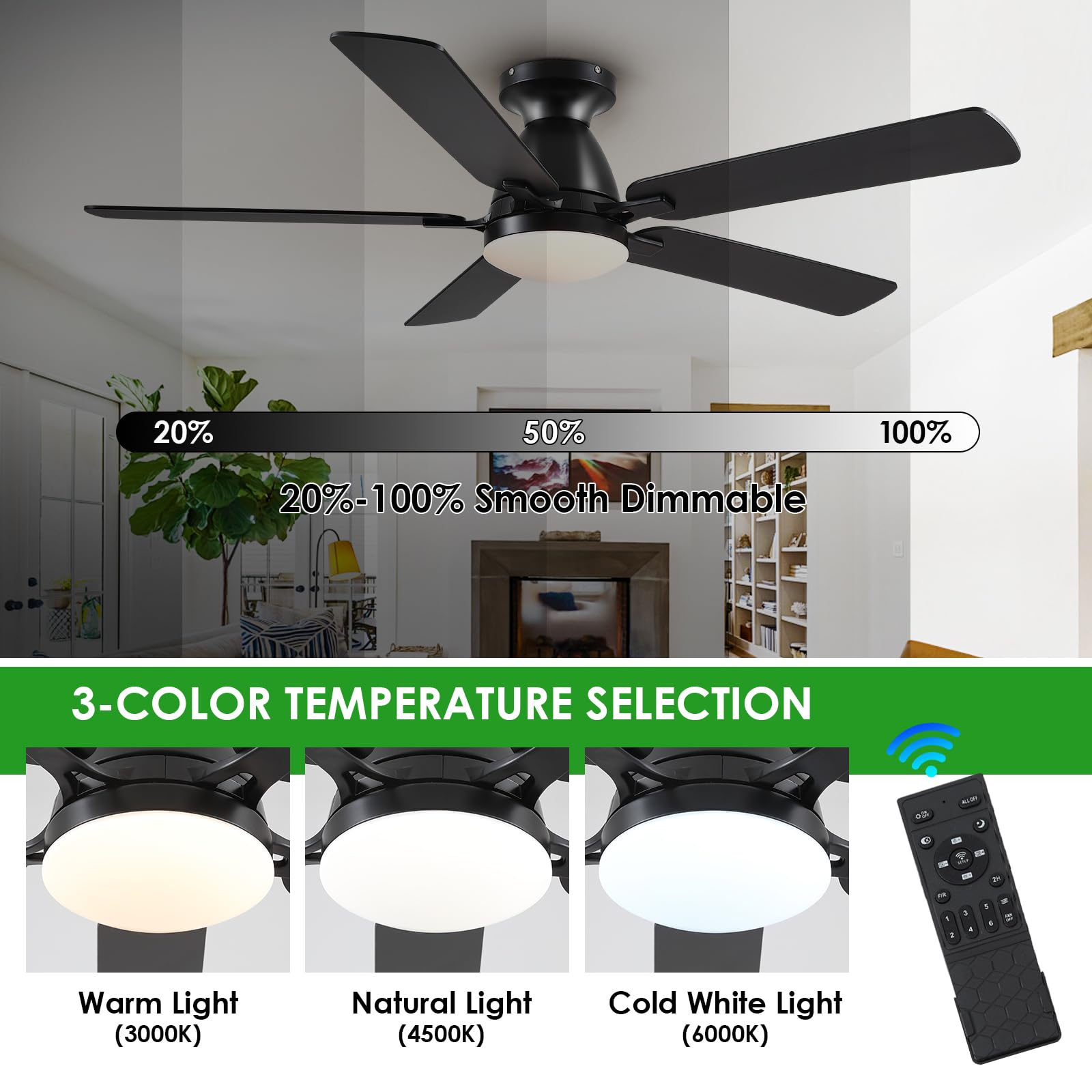 Ceiling Fans with Lights- 46"Low Profile Indoor Ceiling Fan with Light and Remote/APP Control, Flush Mount, LED Dimmable DC Reversible Modern Ceiling Fan for Bedroom（Black）