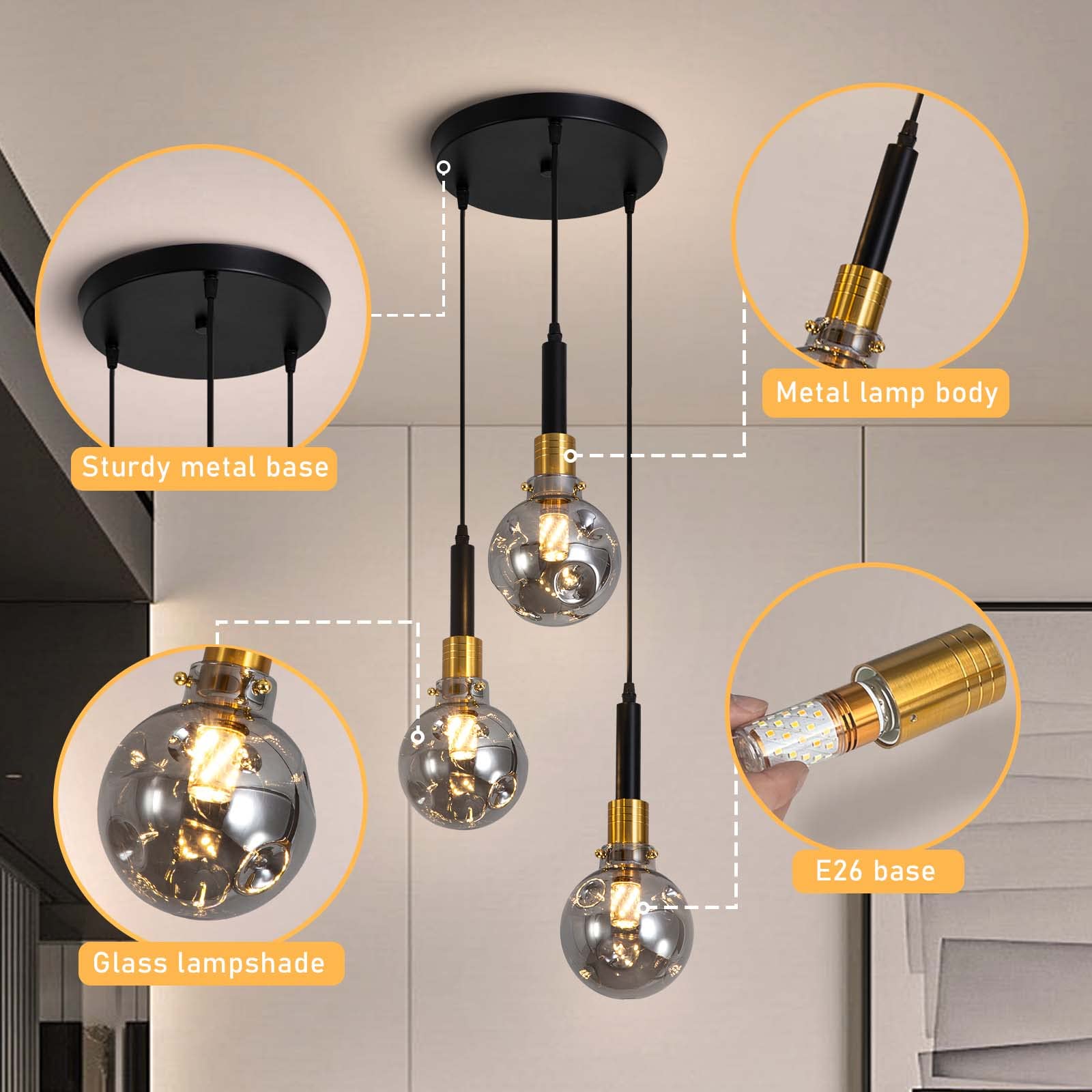 Vintage 3-Light Pendant Light, Modern Adjustable Hanging Light Fixture with Smoke Grey Glass Shade, E26 Base, Farmhouse Pendant Lamp for Kitchen Dining Room, Black and Gold