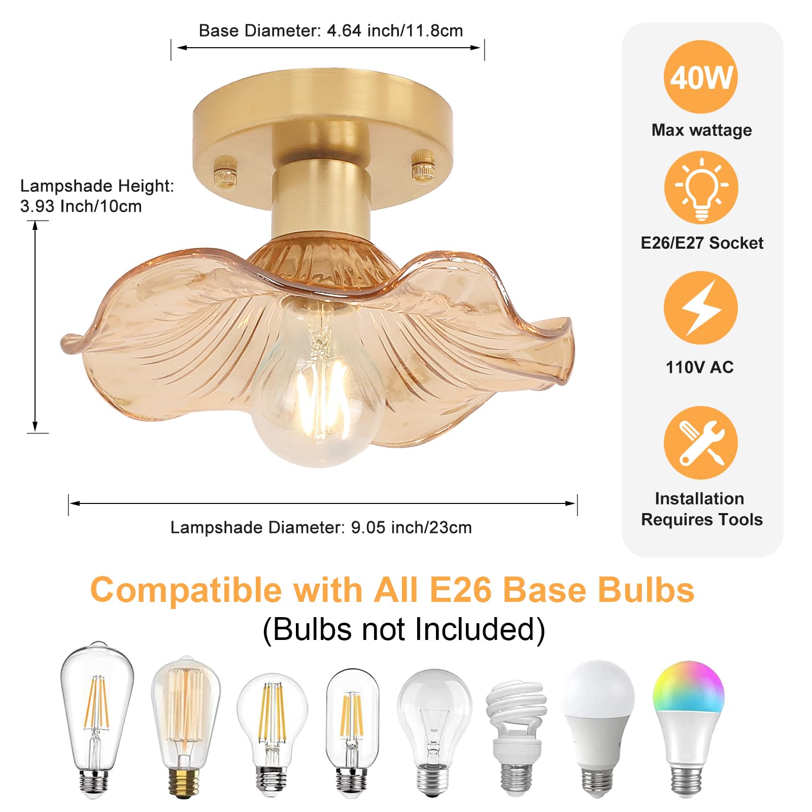 Semi Flush Mount Ceiling Light, Gold Hallway Vintage Lights Fixture Ceiling with Amber Peony Glass, Bulb Included, 4.72" Base Modern Ceiling Light Fixtures for Kitchen Bedroom