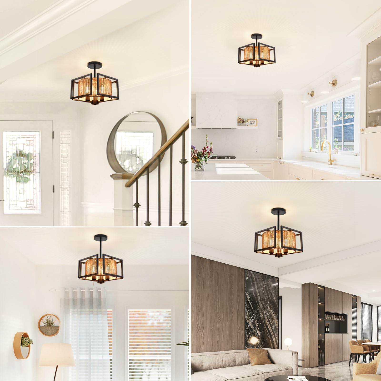 4 Light Semi Flush Mount Ceiling Light 15.7 Inches Light Fixture with Metal Frame Fabric Shade Modern Ceiling Light for Living Room Bedroom Kitchen Dining Room Entryway Hallway