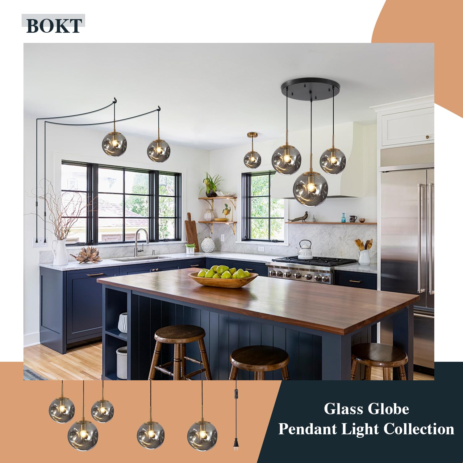 BOKT Modern Gold Kitchen Island Pendant Light Mid Century 3-Lights Globe Pendant Light Fixture Cluster Multi Light Pendant Lighting Bedside Glass Ball Pendant Lamp