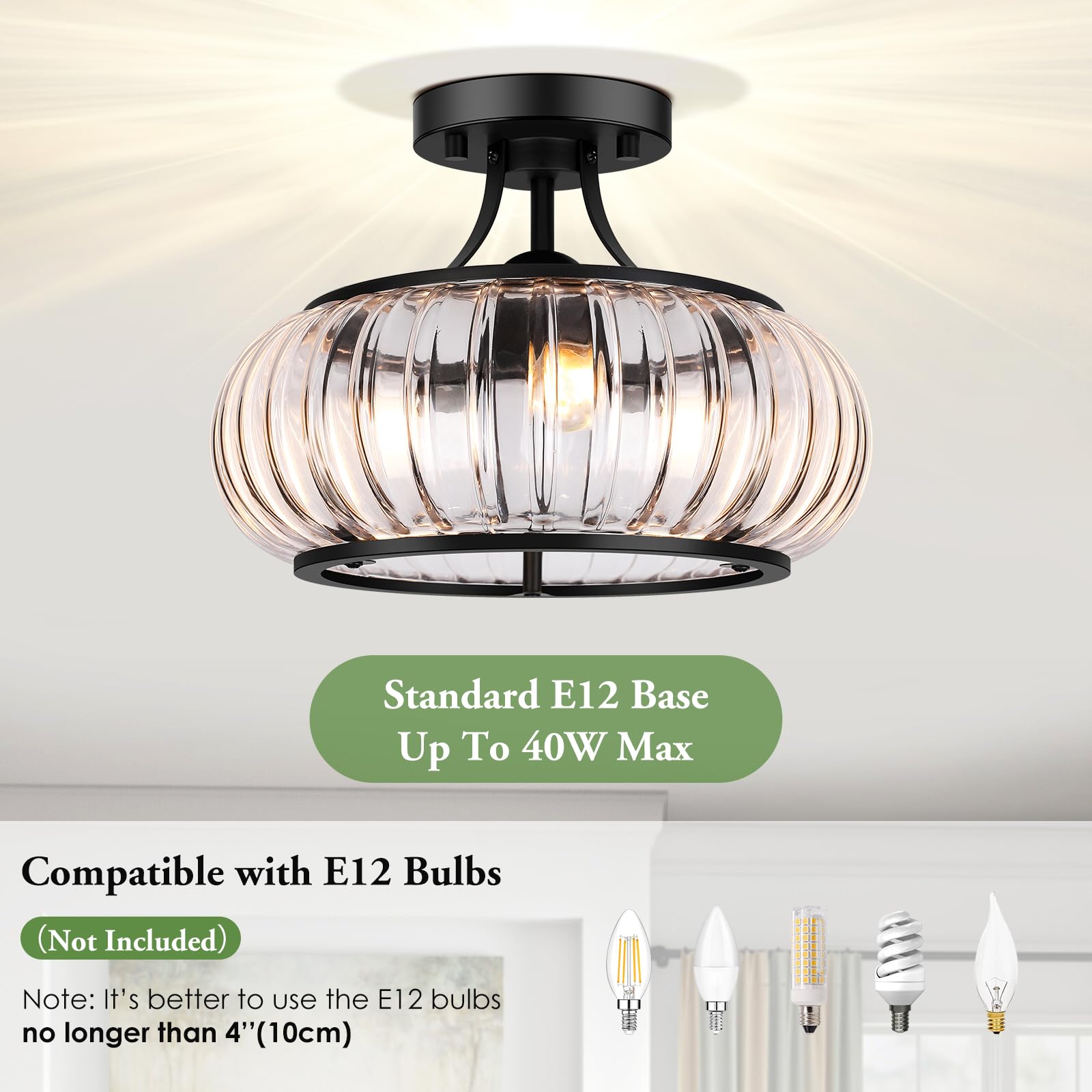 Modern 3-Light Semi Flush Mount Ceiling Light, Clear Glass Hallway Ceiling Light Fixture with Round Shade, Industrial Black Glass Close to Ceiling Lamp for Bathroom Kitchen Bedroom Porch