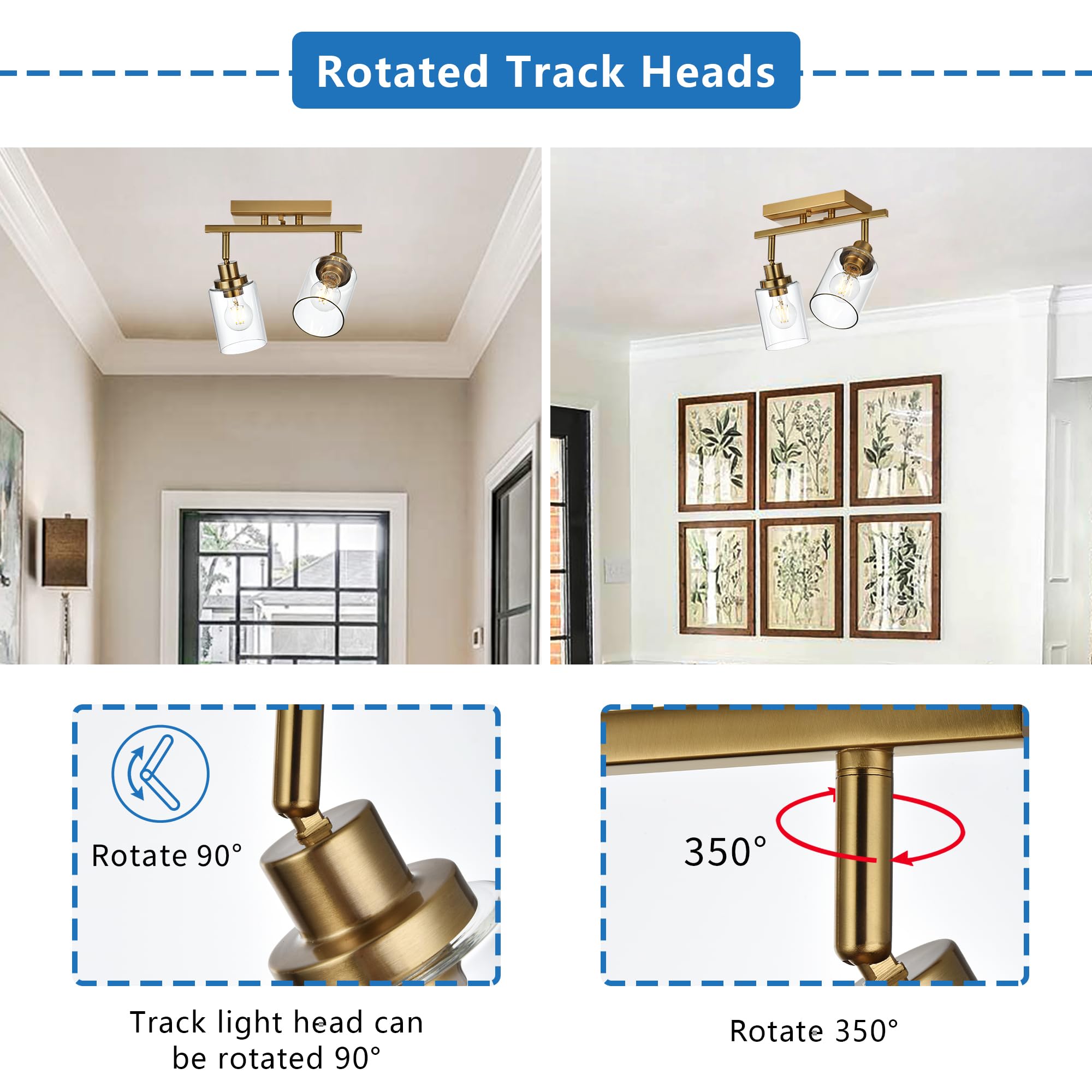 2-Light Adjustable Track Lighting Kit Brass Kitchen Track Lighting Fixtures Ceiling Spotlight with Clear Glass Shade for Hallway Foyer Bath Storage