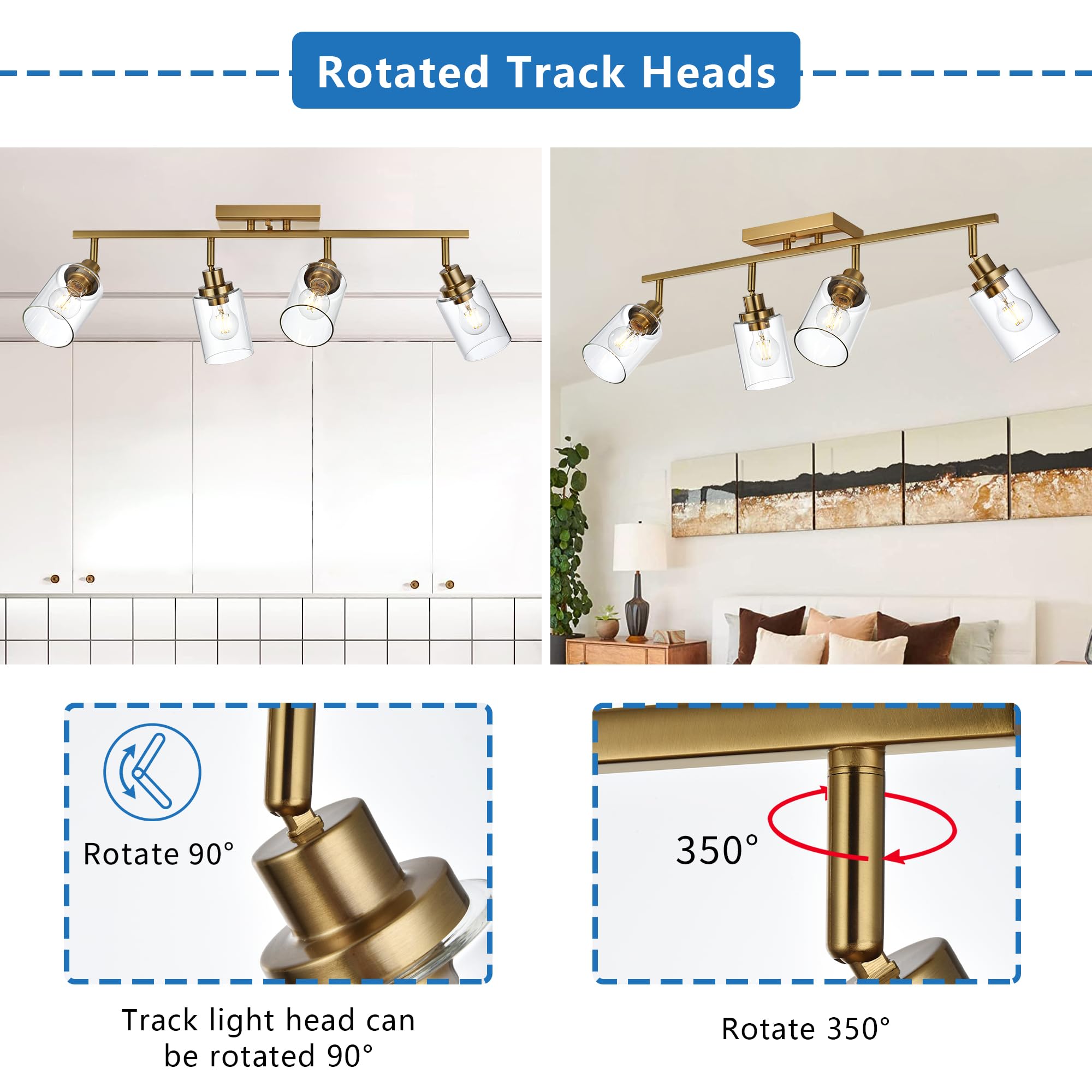 2-Light Adjustable Track Lighting Kit Brass Kitchen Track Lighting Fixtures Ceiling Spotlight with Clear Glass Shade for Hallway Foyer Bath Storage