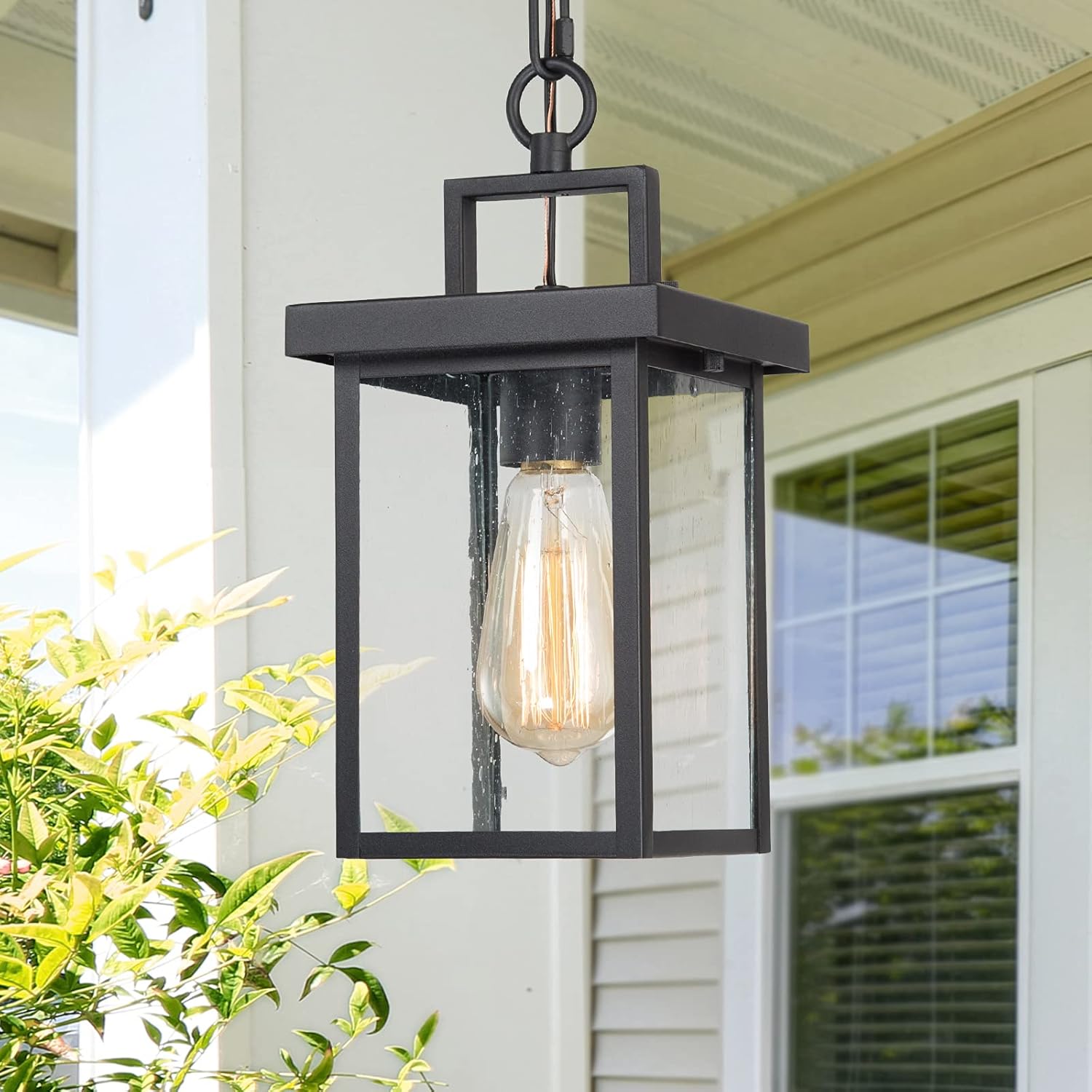 Outdoor Pendant Light Fixture, Exterior Hanging Lantern, 1-Light Outdoor Chandelier Lamp in Black Finish with Seeded Glass, Outdoor Ceiling Lantern for Porch, Patio, Gazebo, Hallway, Entryway