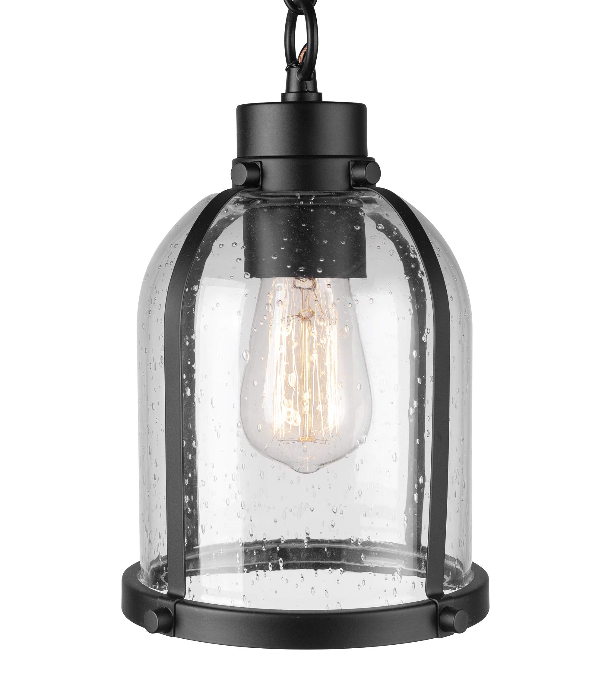 1-Light Outdoor Pendant, Matte Black, Clear Glass Shade, E26 Base Socket, Kitchen Island, Café, Ceiling Hanging Light Fixture, Modern, Vintage, Porch Light, Bulb Not Included