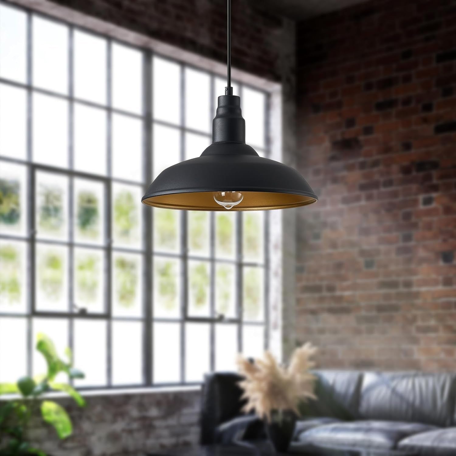 Farmhouse Pendant Light with 16 Inch Dome for Outdoor and Indoor Use, Barn Style Hanging Light for Kitchen Dining Room, Adjustable Height, Matte Black Exterior/Brass Interior