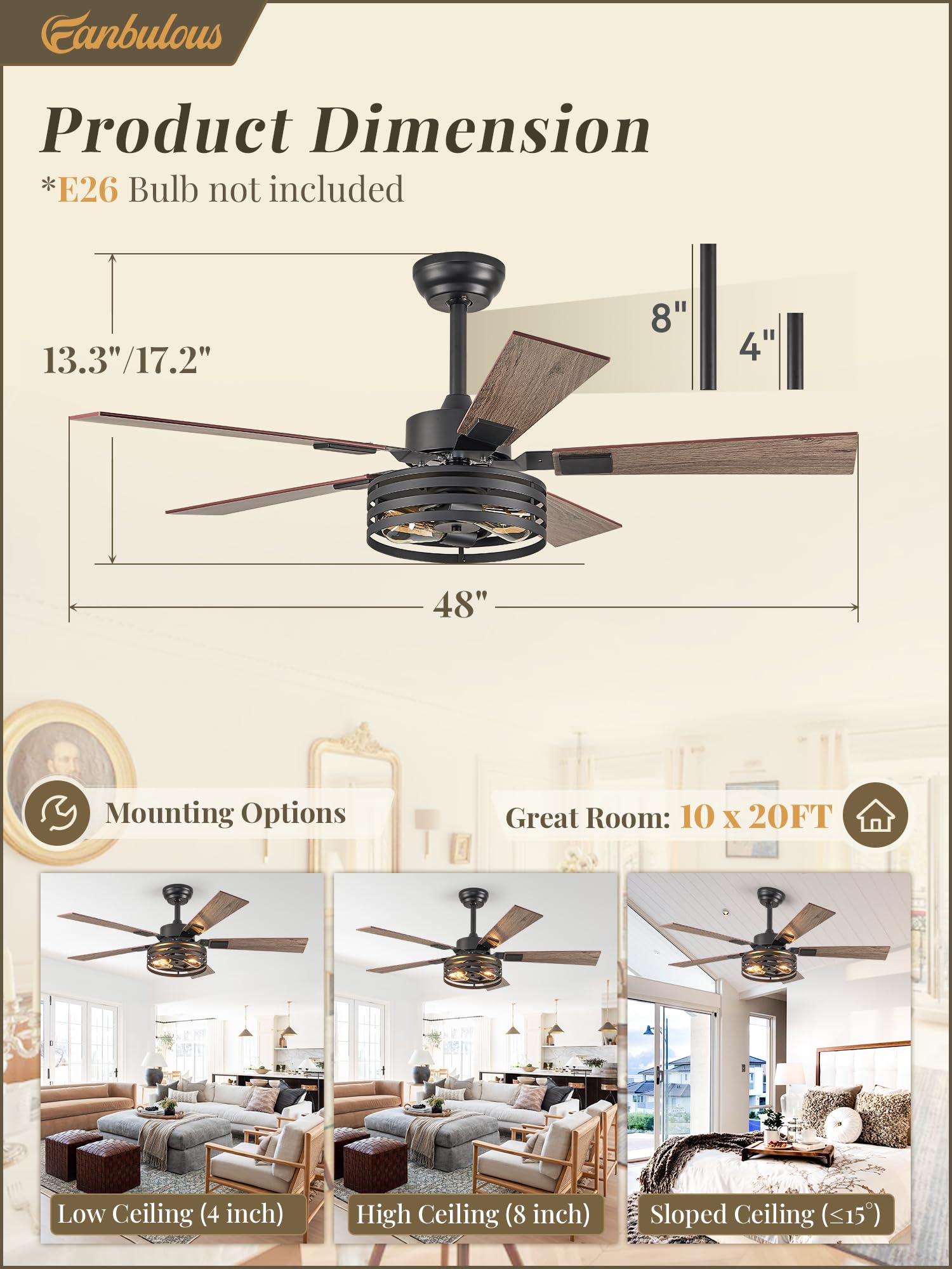 Farmhouse Ceiling Fans with Lights and Remote, 52 Inch Black Industrial Caged Ceiling Fans for Bedroom Living Room Kitchen, 6 Speed Reversible Quiet DC Motor, Dual Finish 5 Blades