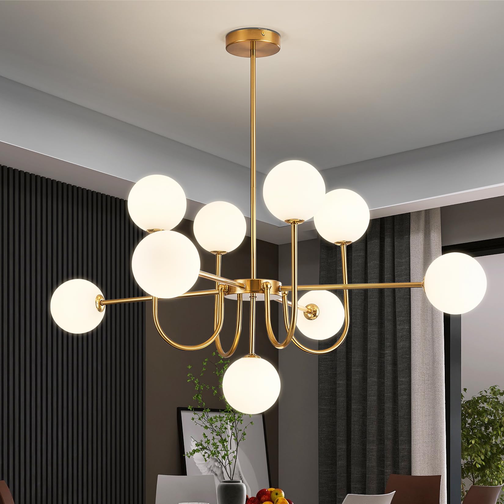 Modern Globe Gold Chandelier - 3.9in Glass Shape Sputnik Ceiling Light Fixture, Mid Century Bubble Dining Room Pendant Light, Hanging Brass Island Light for Kitchen Bedroom Entryway Over Table