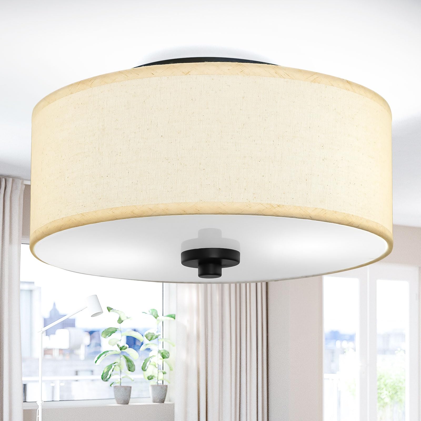 2-Light Flush Mount Ceiling Light Fixture, 12” Modern Close to Ceiling Light with White Fabric Linen Drum Shade, Round Ceiling Light for Bedroom Hallway Living Room Bathroom Dining Kitchen