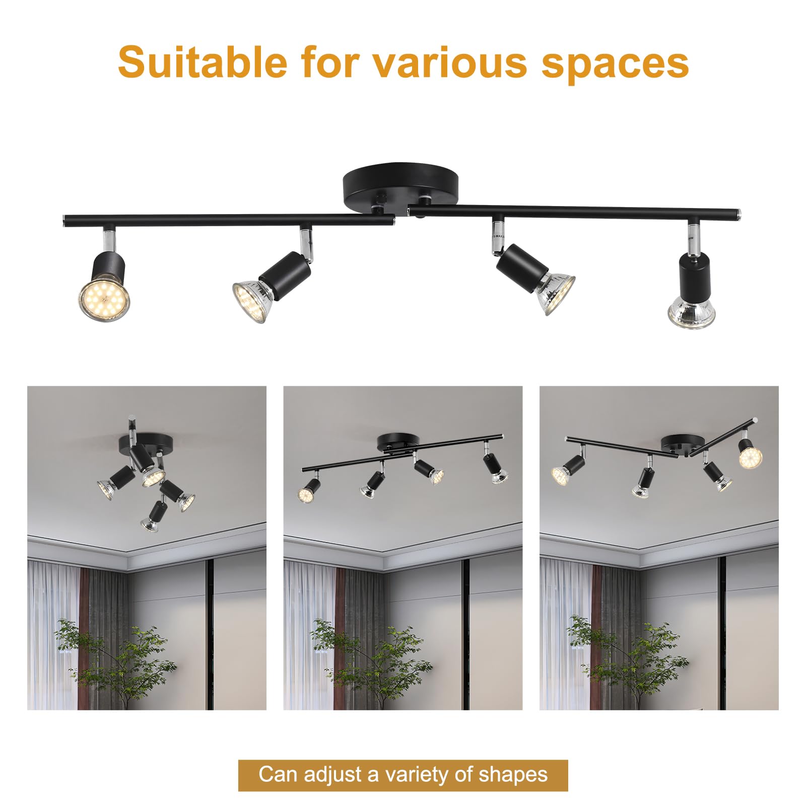 4 LED Light Matte Black Track Lighting Kit, Ceiling Spot Lighting with Adjustable Light Heads & Foldable Light Arms GU10 Socket (Bulbs Not Included)