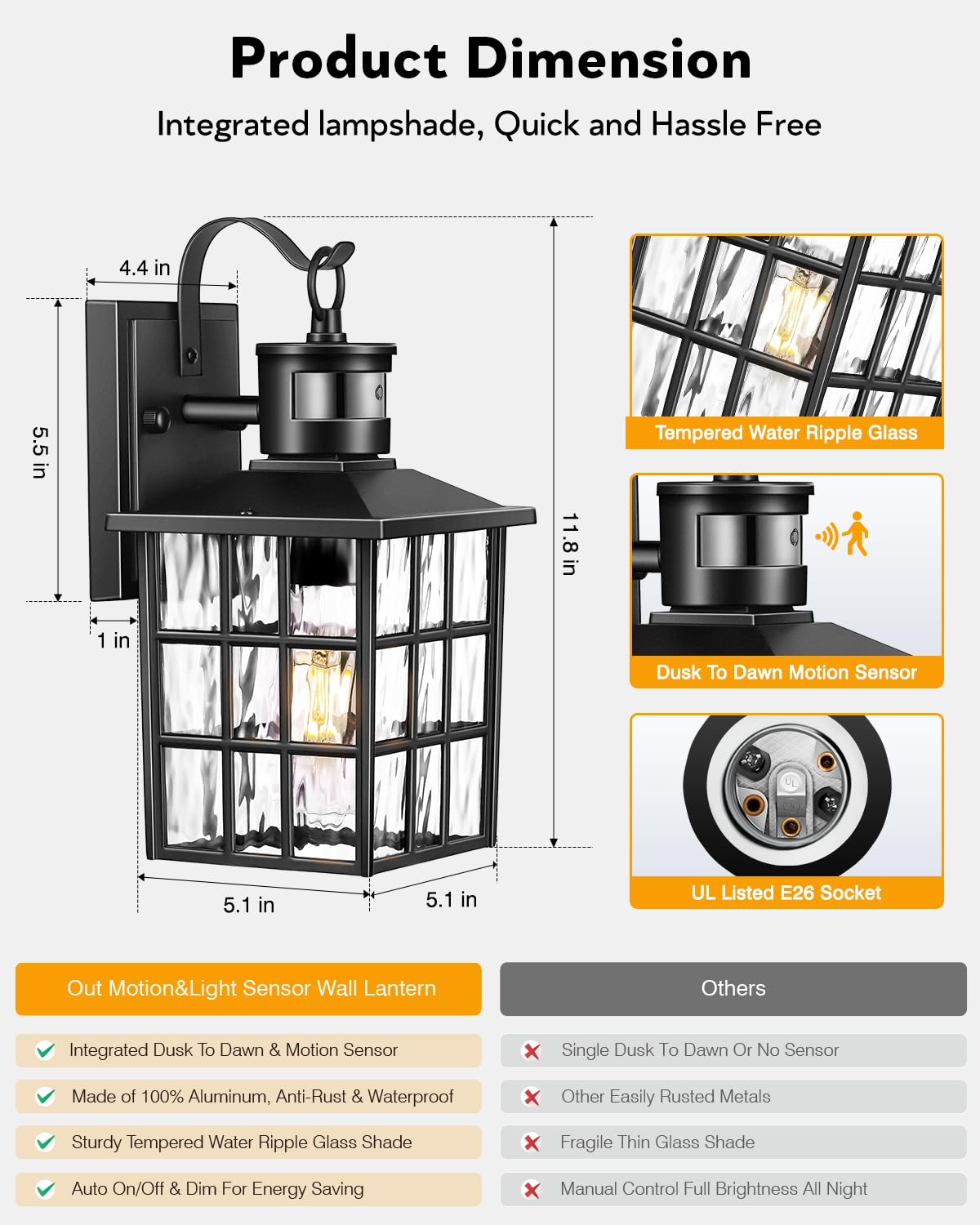 White Motion Sensor Exterior Wall Lantern, 2 Pack Dusk to Dawn Outdoor Light Fixture Wall Mount, Anti-Rust Modern Outdoor Wall Sconce Lighting for House Front Porch Garage with Tempered Glass