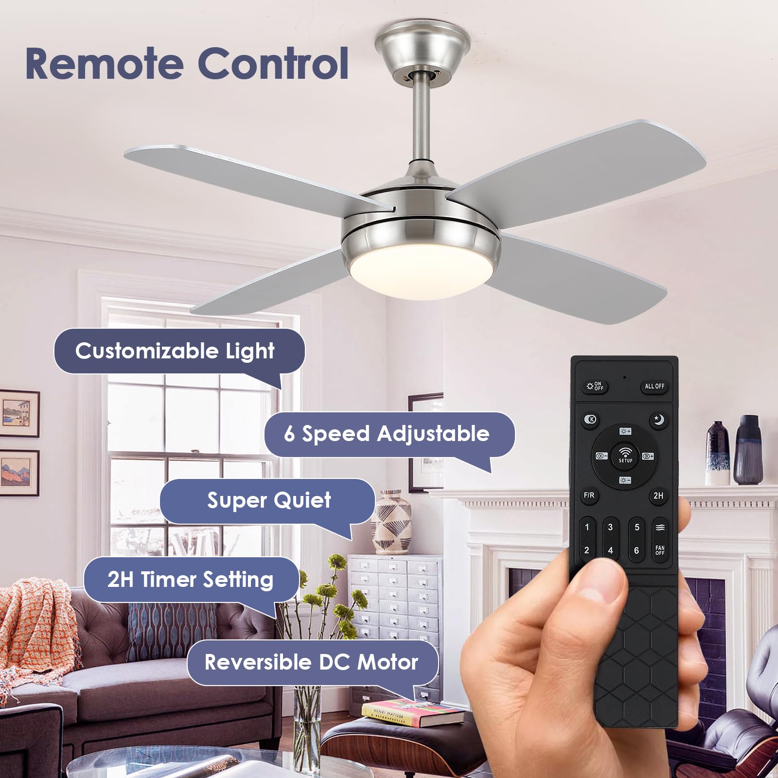 Ceiling Fans with Lights - 42" Black Outdoor Ceiling Fan with Light and Remote, Dimmable and Reversible Motor, Modern Low Profile Ceiling Fan Lights for Indoor Bedroom/Outdoor Covered Patio…