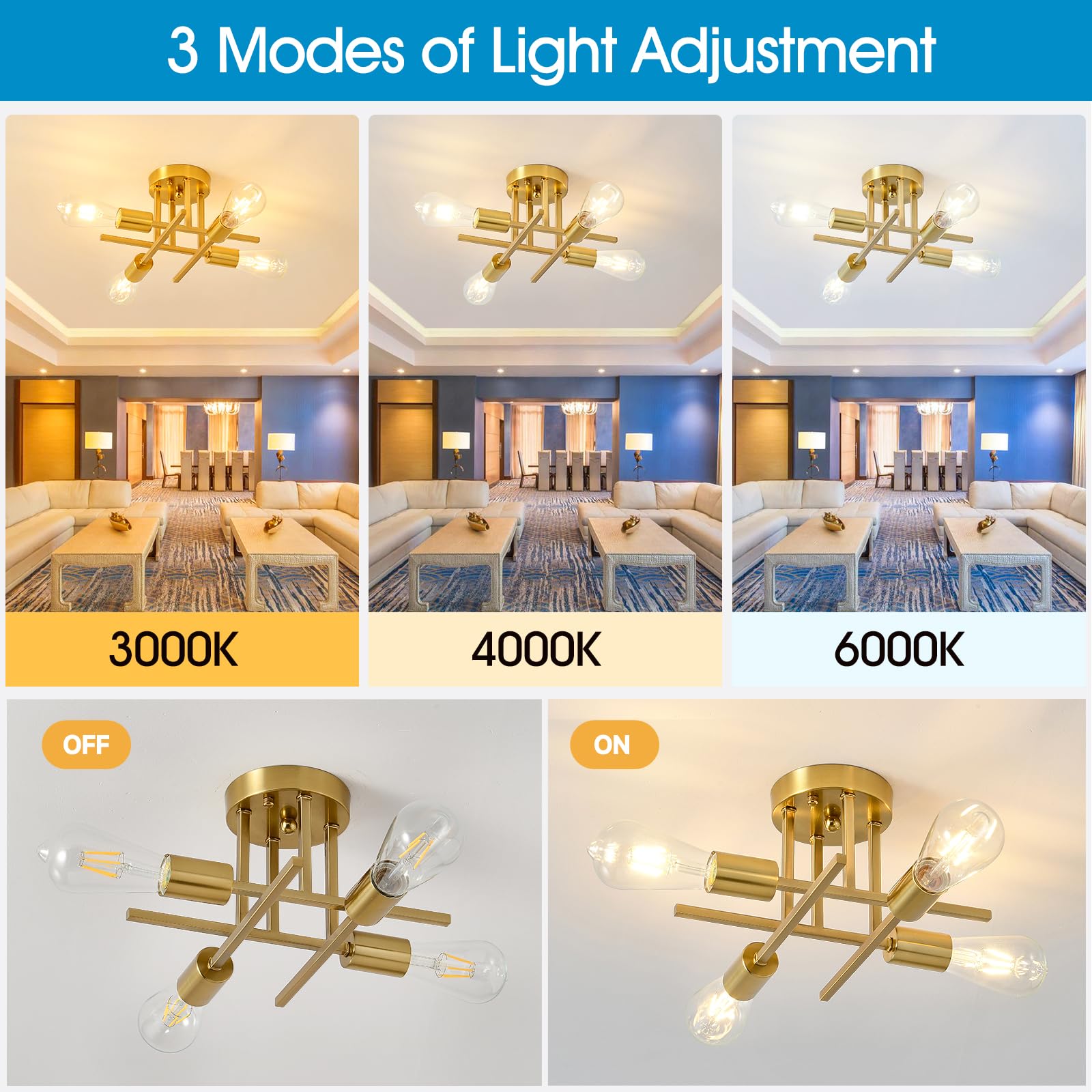 4-Light Modern Sputnik Chandelier, Mid Century Ceiling Light Fixture, Gold Black Semi Flush Mount Ceiling Lights for Dining Room Bedroom Foyer Hallway Kitchen Office (2 Pack)