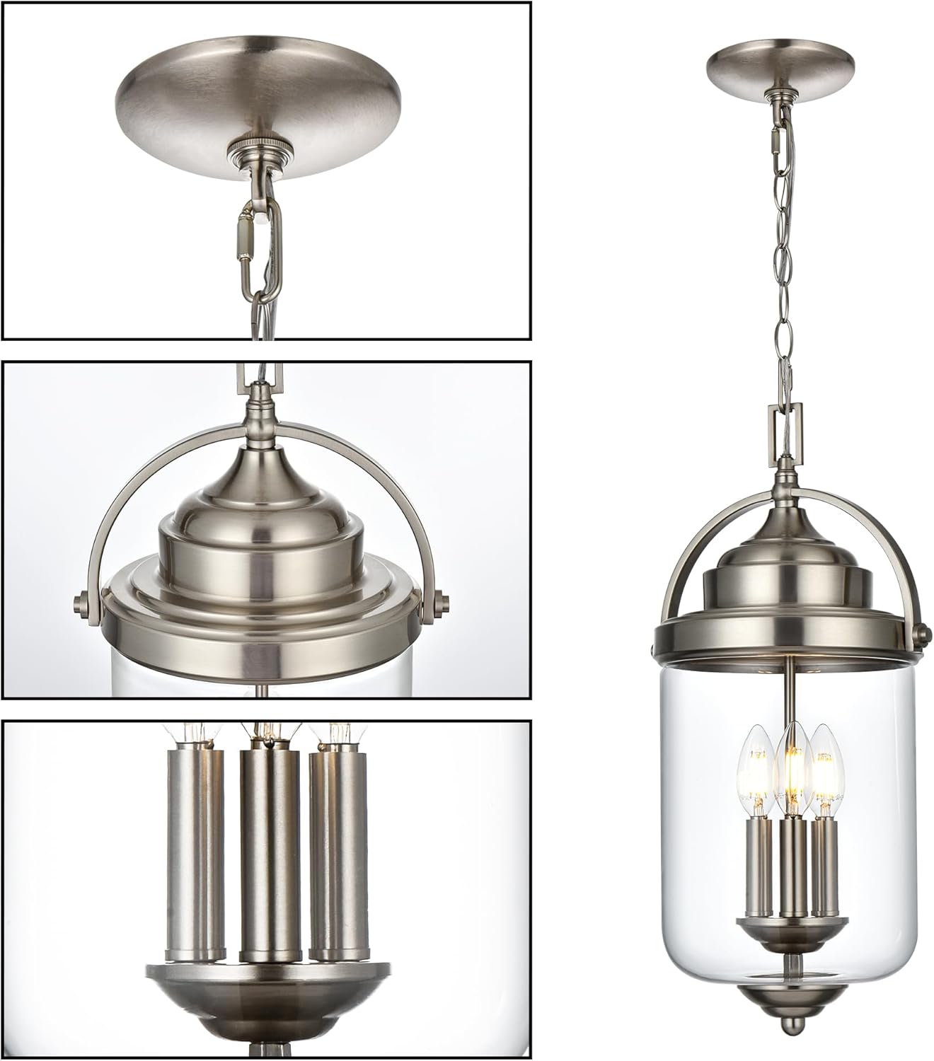 Outdoor Pendant Lights for Porch, 3-Light Outdoor Chandelier Exterior Hanging Lantern in Brushed Nickel Finish with Clear Glass, Front Door Hallway Porch Lighting