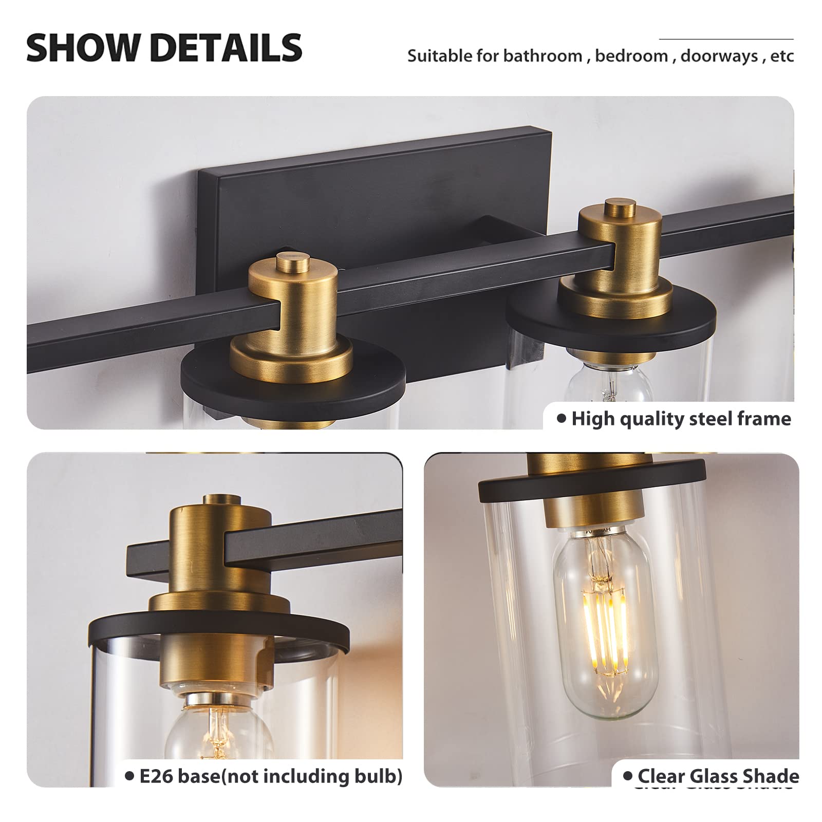 3 Light Bathroom Vanity Light, Black and Gold Bathroom Light Fixtures with Clear Glass Shade, Matte Black Finish, Brushed Gold Copper Accent Socket, Modern Gold Vanity Lights for Bathroom Over Mirror