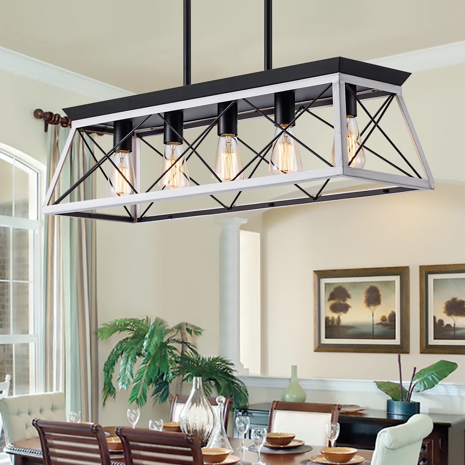 Farmhouse Chandeliers for Dining Room, Rustic Kitchen Island Light Fixture, 5-Light Linear Pendant Lighting Rectangular Chandelier, Metal Solid Ceiling Lights Black