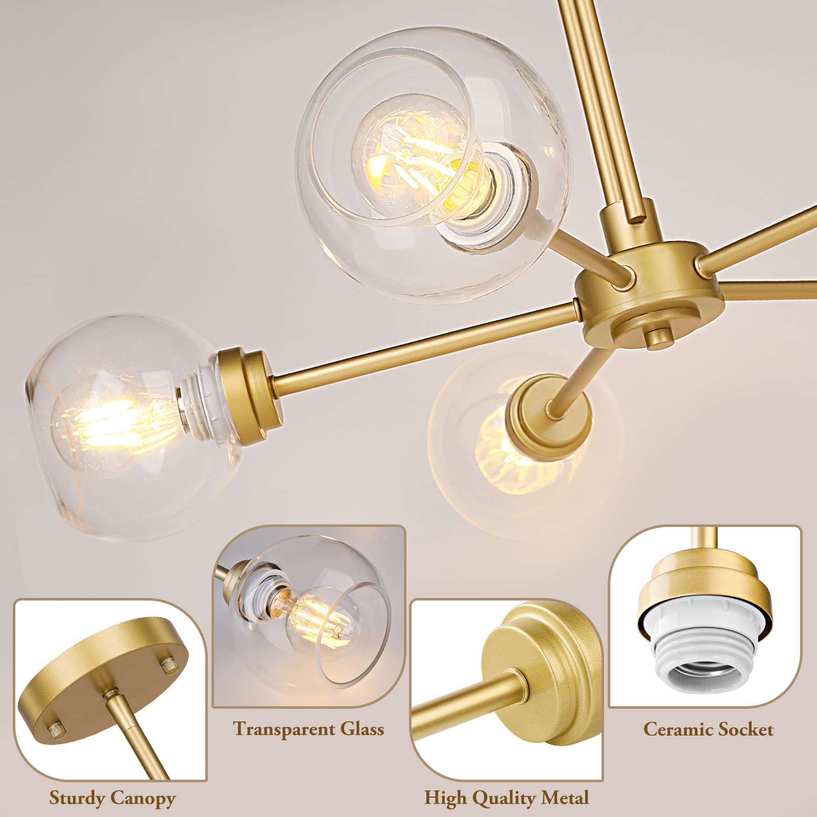 Globe Chandelier Pendant Lighting, Gold Modern Large Semi-Flush Ceiling Light Fixture with Clear Glass, 5-Light Dining Room Light Fixture, Sputnik Light Fixture for Kitchen Living Room Bedroom