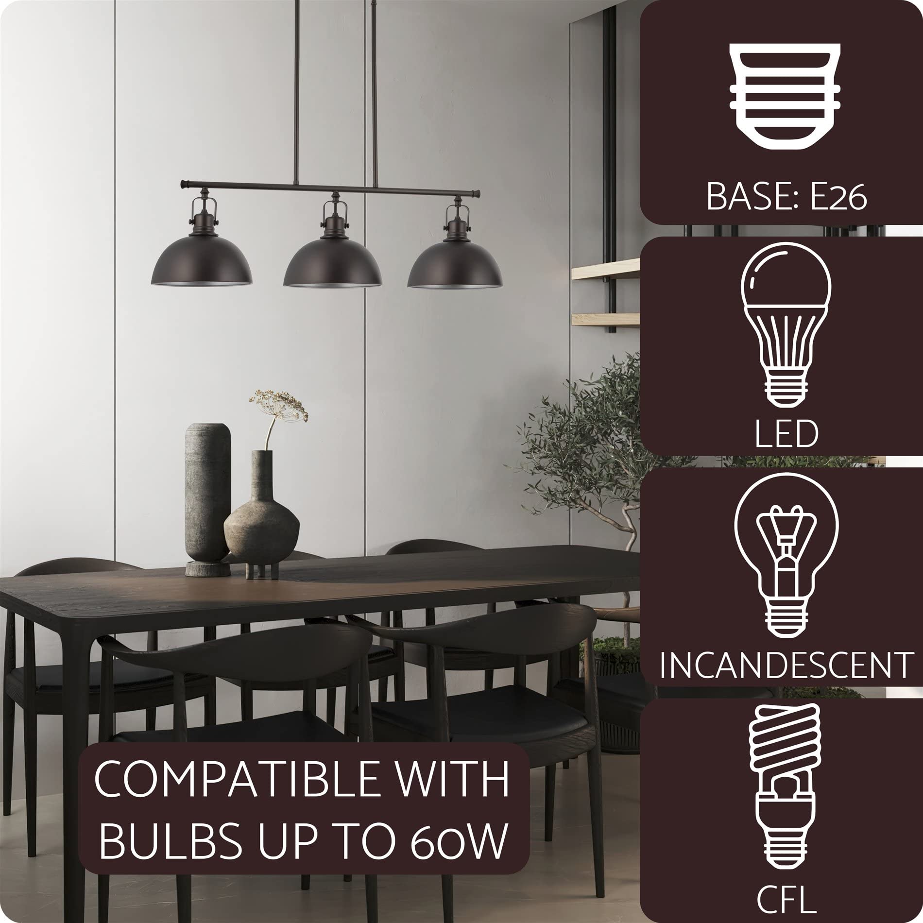 Home Belle 34" 3-Light Modern Industrial Kitchen Island Light, Dome Shades + Swivel Joints, Oil Rubbed Bronze Finish