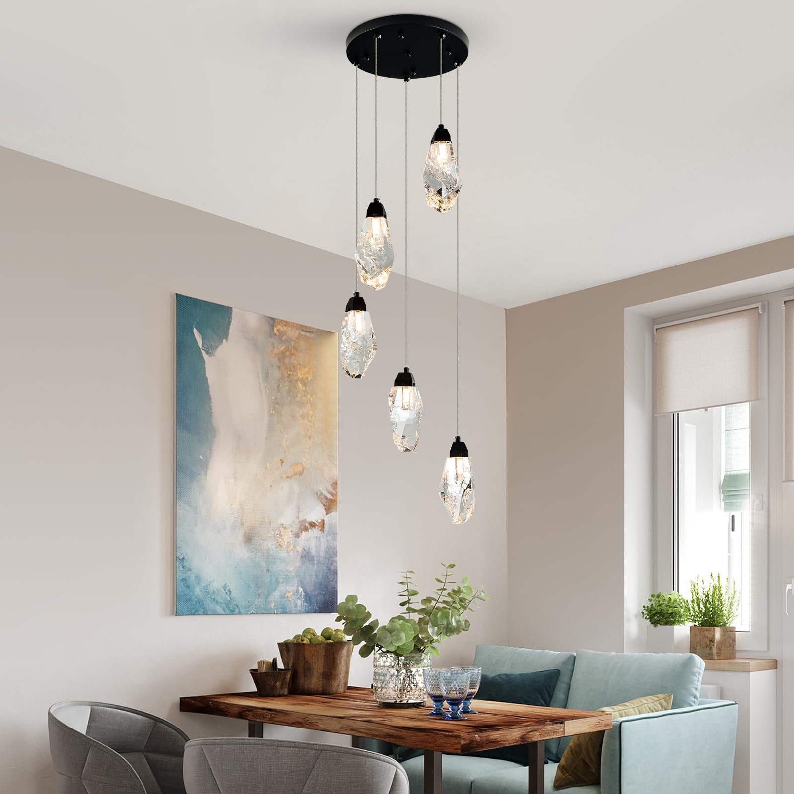 3 Lights Crystal Pendant Light Modern Cluster Chandelier - Dimmable LED Pendant Light Fixture with Brass Teardrop Design - Stylish Lighting for Kitchen Island, Dining Room, Hallway, Bathroom