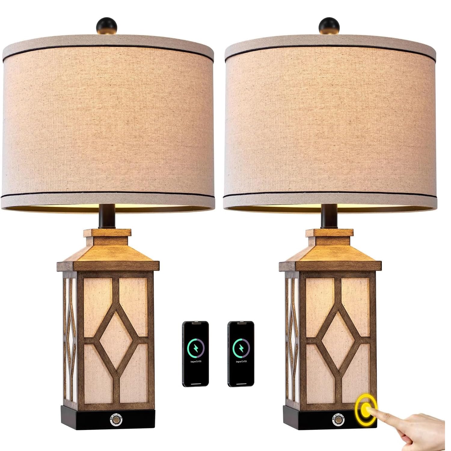 Touch Table Lamps Set of 2 Farmhouse Bedside Lamps with USB A+C Charging Ports 3-Way Dimmable Black Lamps for Living Room Retro Lamps for Night Stands Boho Bedroom Lamps