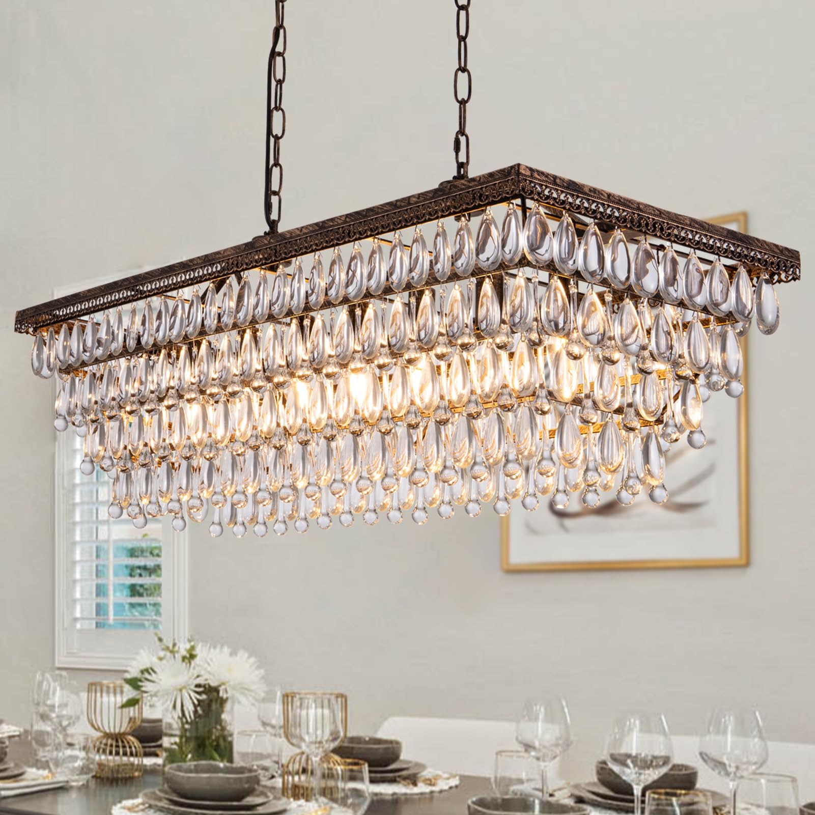 Dining Room Crystal Chandelier,30 inch Antique Bronze Rectangle Crystal Ceiling Light,4 Lights Farmhouse Kitchen Island Lighting,Adjustable Hanging Light Fixtures